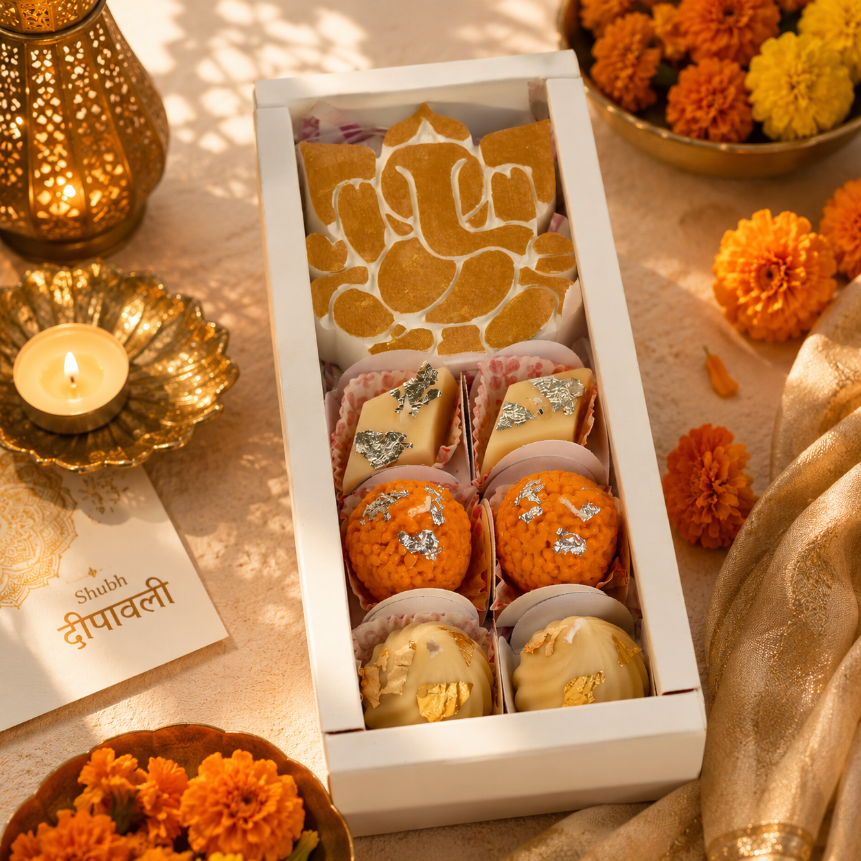 Ganesh & Scented Sweet Candle Hamper | Festive Gift Box with Modak & Laddoo Candles
