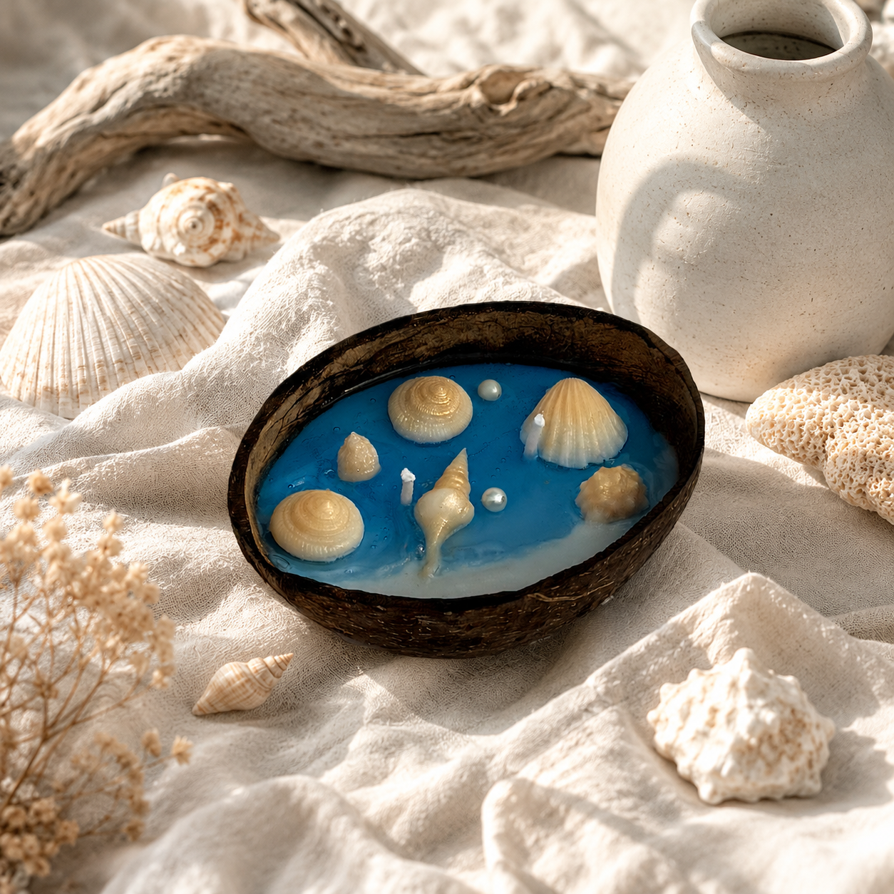 Ocean Breeze Coconut Shell Candle | Handmade Coastal-Themed Coconut Bowl Candle for Home Décor & Gifting