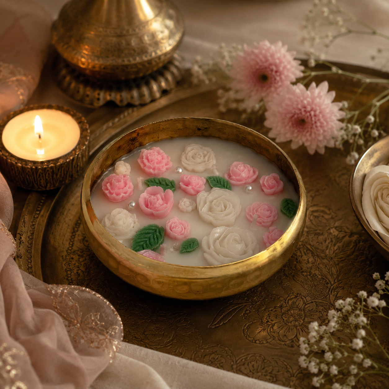 Rose Garden Urli Candle | Handmade Floral Brass Bowl Candle for Home Dรฉcor & Gifting