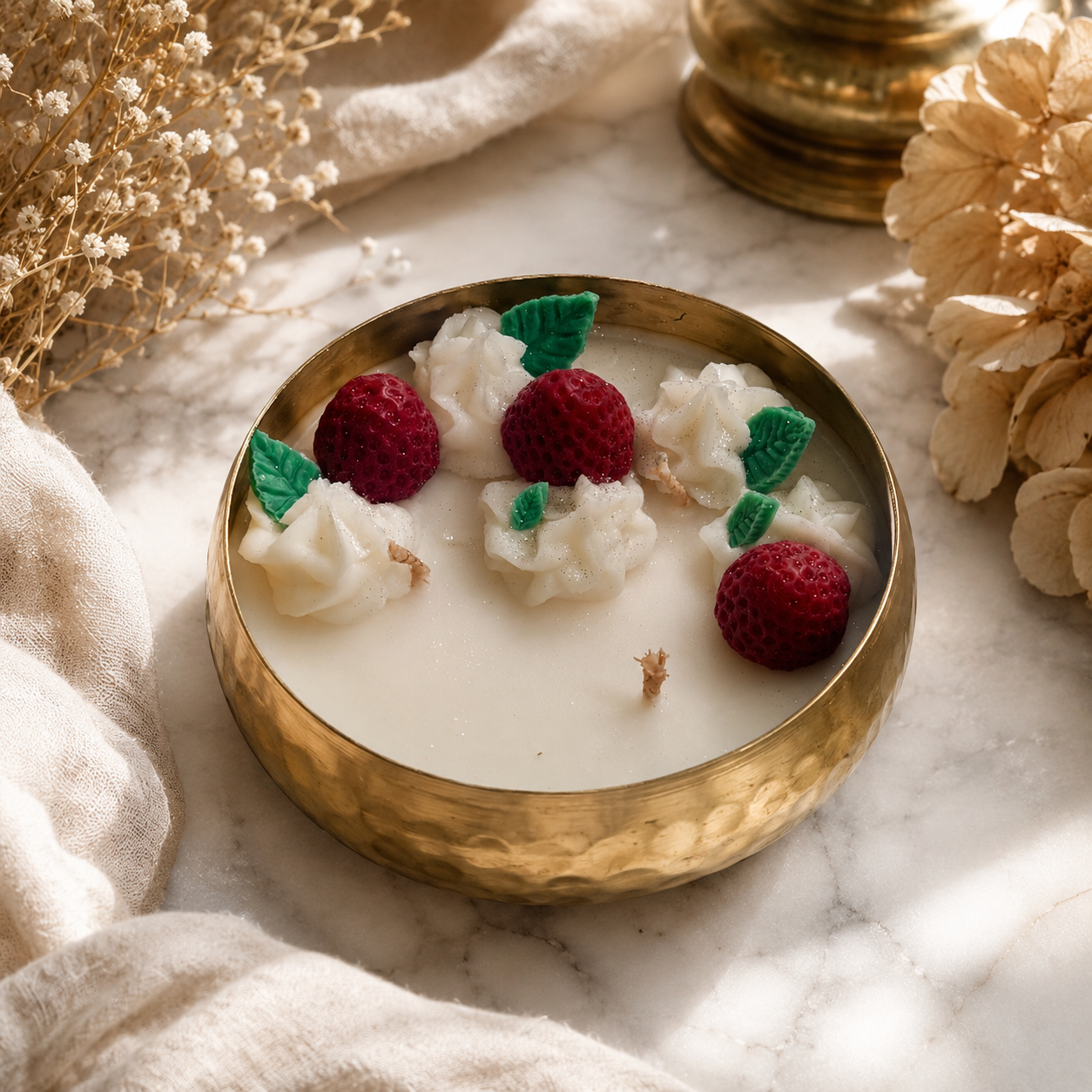 Strawberry Urli Candle in Brass Bowl | Handmade Dessert-Inspired Decorative Candle