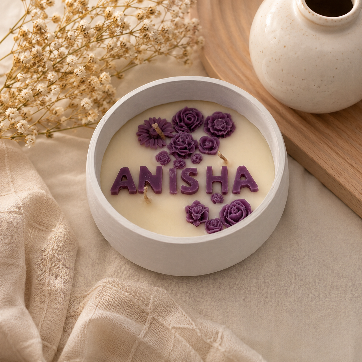 Personalised Name Candle in Handmade Floral Bowl | Custom Gift