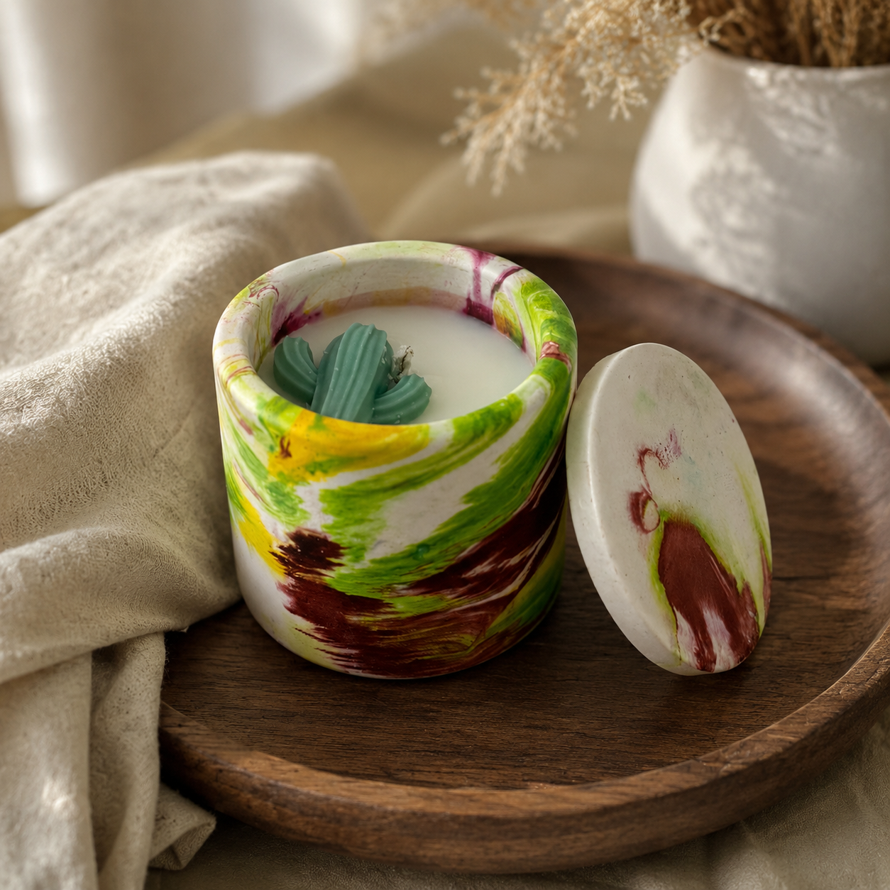 Reusable Hand Painted Cactus Candle with Lid | Decorative Marbled Container Candle