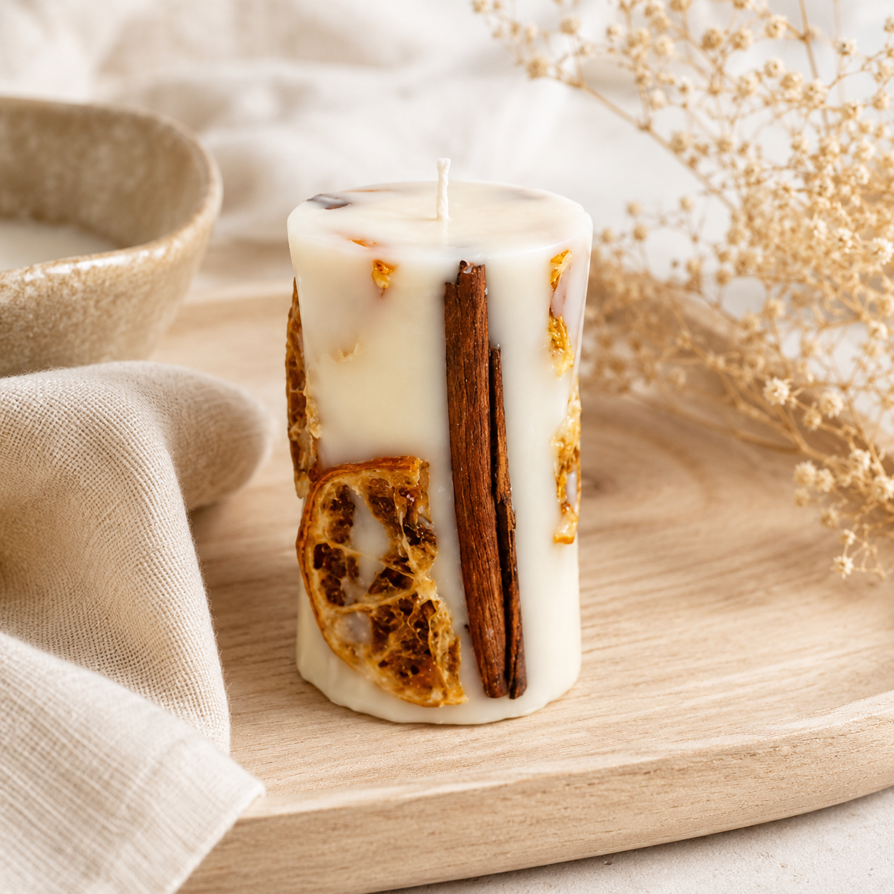 Cinnamon Orange Botanical Pillar Candle | Decorative Handmade Candle