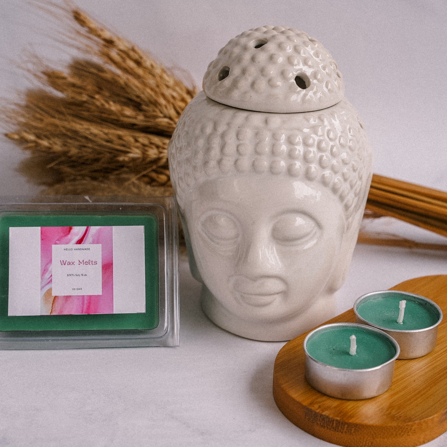 Hello Handmade Ceramic Buddha Head Diffuser with Wax Melts and 2 Tea Light Candles