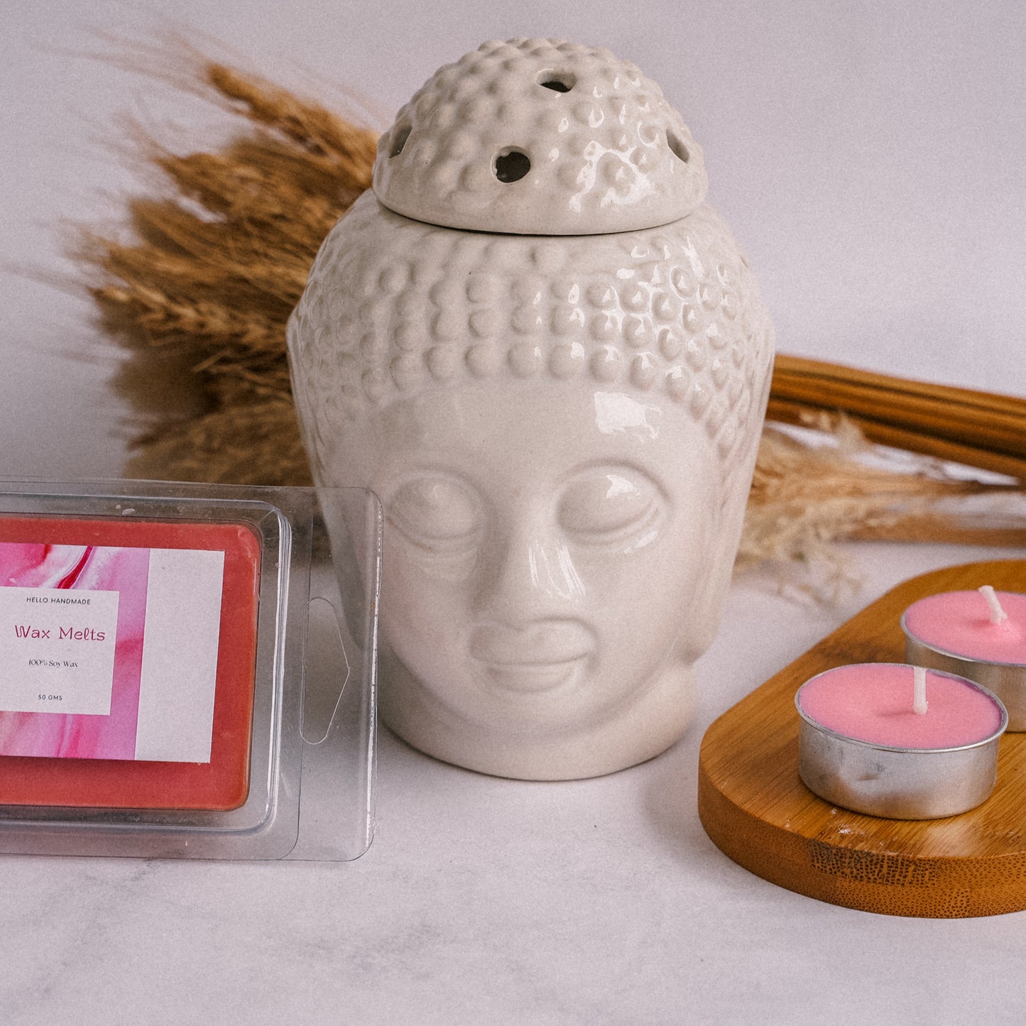 Hello Handmade Ceramic Buddha Head Diffuser with Wax Melts and 2 Tea Light Candles