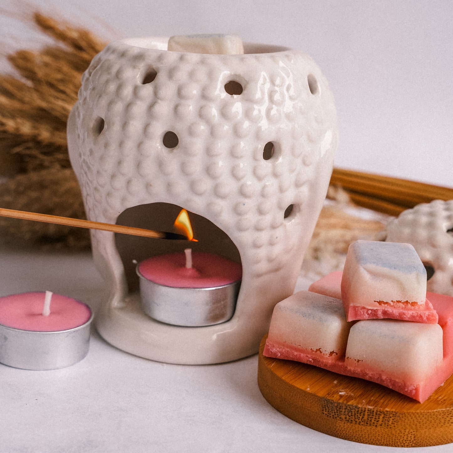 Hello Handmade Ceramic Buddha Head Diffuser with Wax Melts and 2 Tea Light Candles