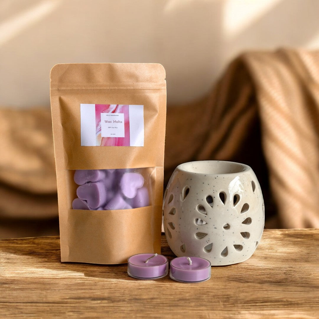 Hello Handmade Handcrafted Ceramic Round Shaped Aroma Diffuser with Wax Melts and 2 Tea Light Candles