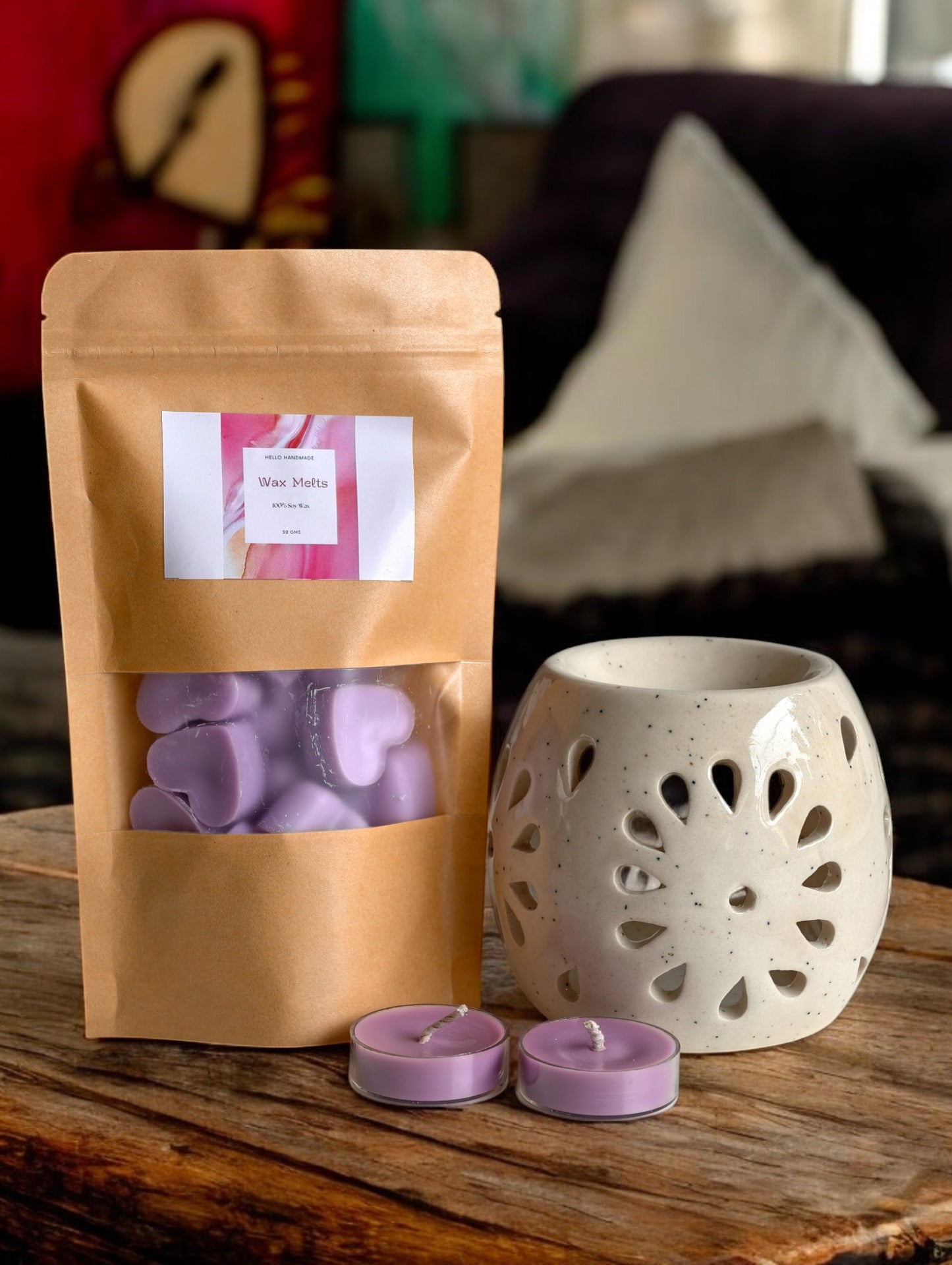 Hello Handmade Handcrafted Ceramic Round Shaped Aroma Diffuser with Wax Melts and 2 Tea Light Candles