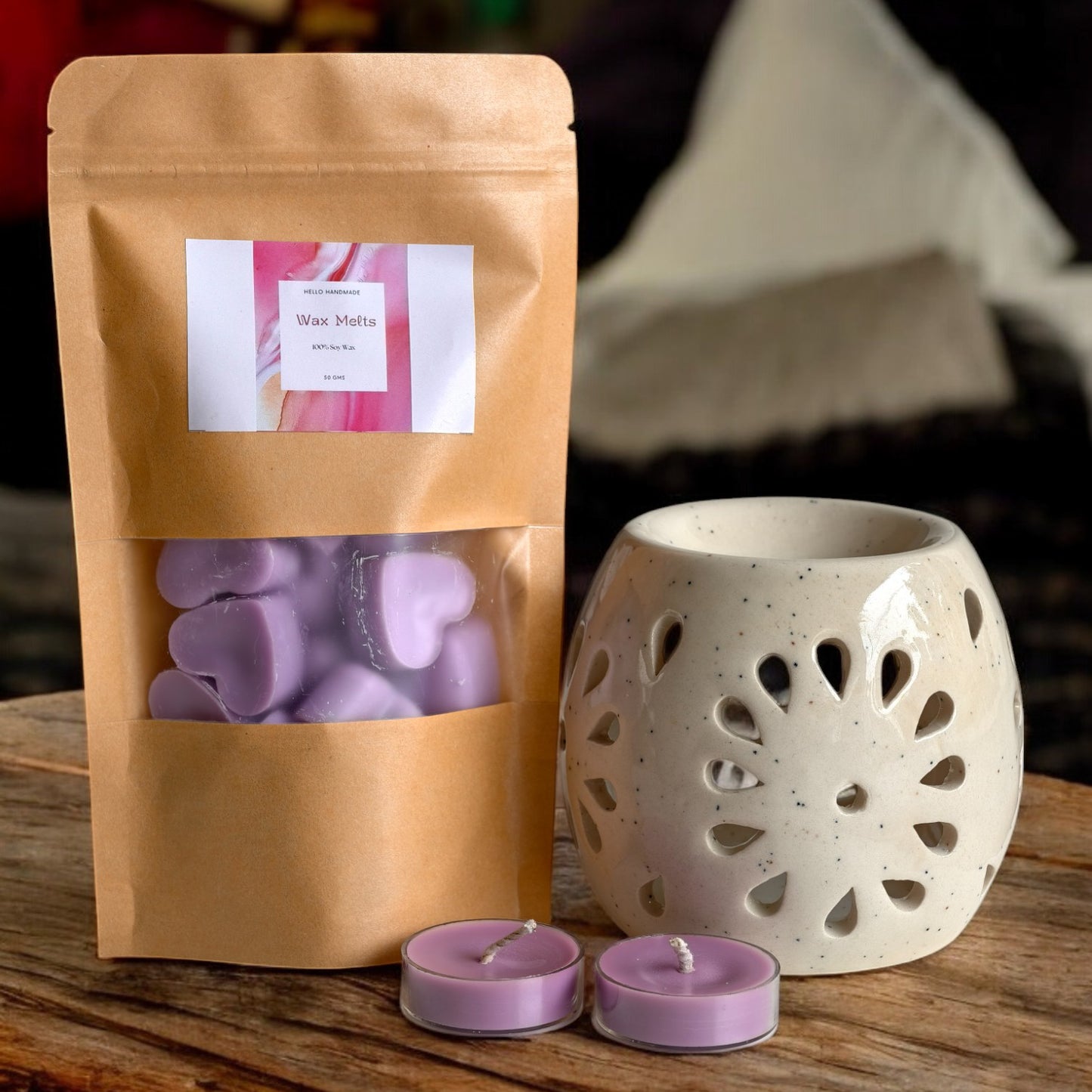 Hello Handmade Handcrafted Ceramic Round Shaped Aroma Diffuser with Wax Melts and 2 Tea Light Candles