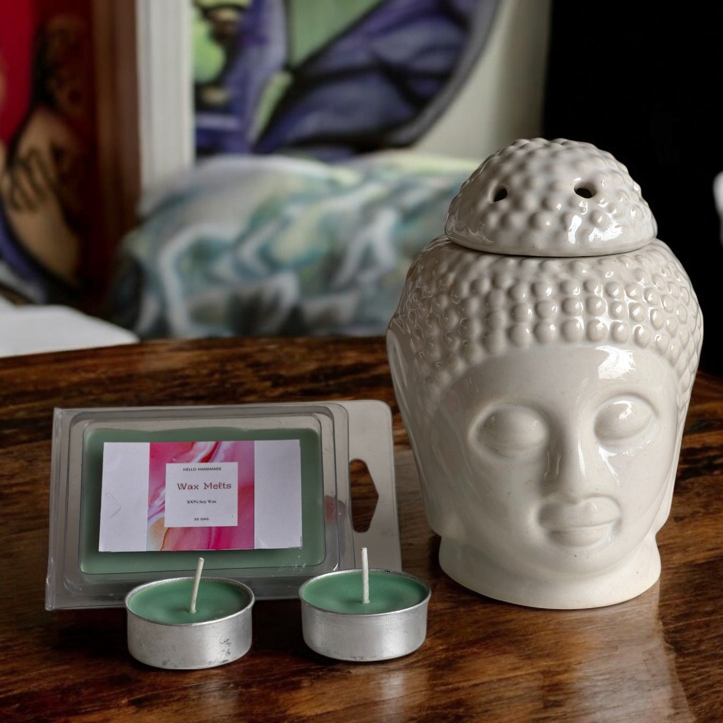 Hello Handmade Ceramic Buddha Head Diffuser with Wax Melts and 2 Tea Light Candles