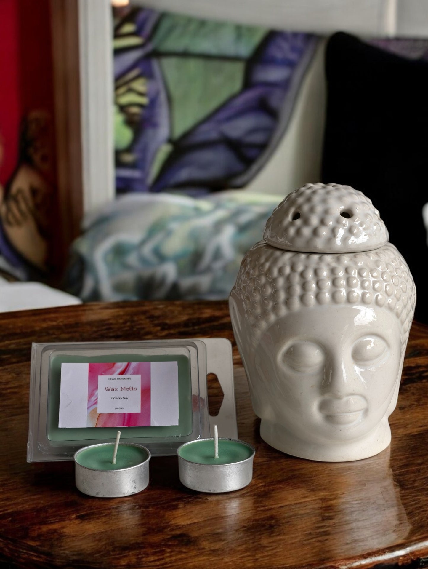 Hello Handmade Ceramic Buddha Head Diffuser with Wax Melts and 2 Tea Light Candles