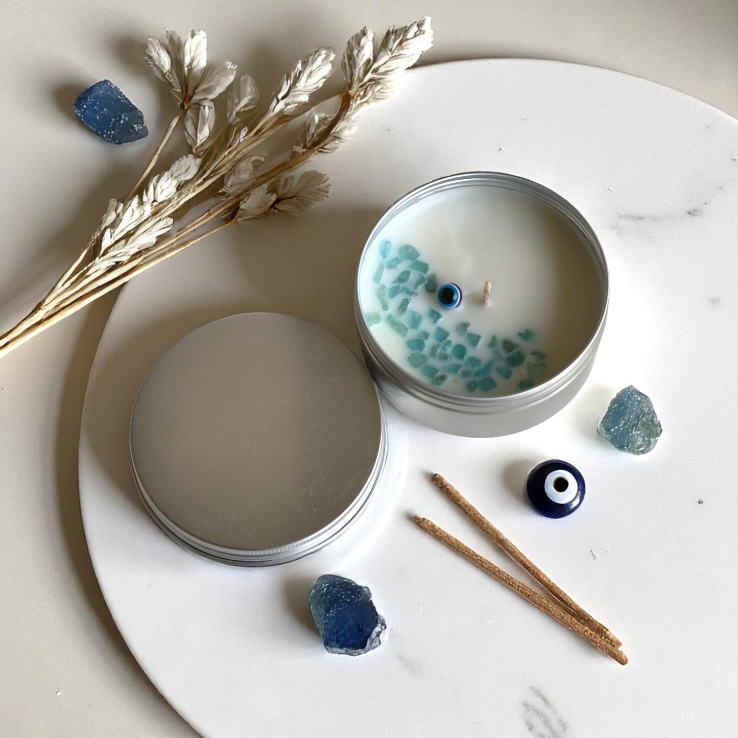 Hello Handmade Evil Eye Protection Candle – Scented Soy Wax Tin with Crystals (Scent Egyptian Musk)