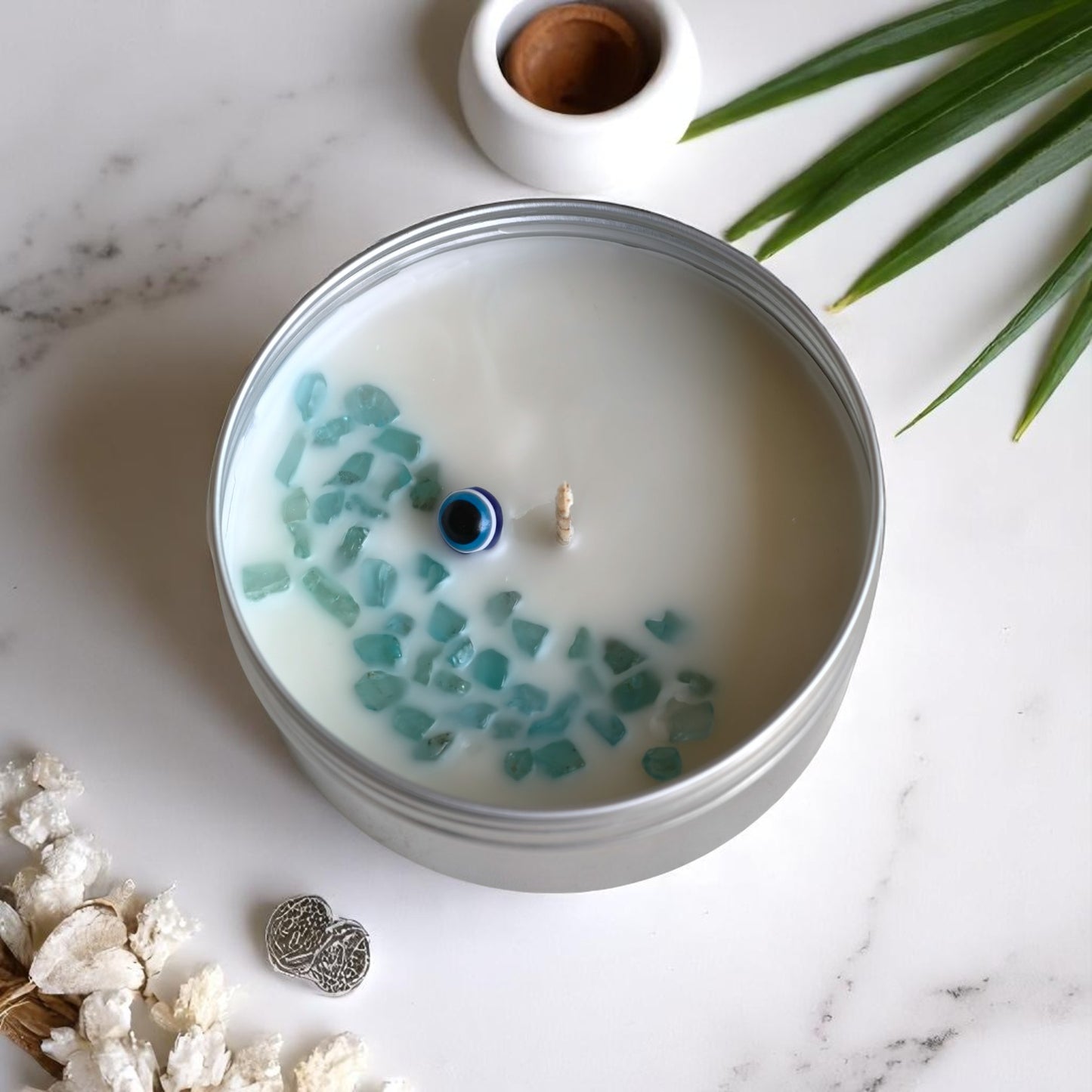 Hello Handmade Evil Eye Protection Candle – Scented Soy Wax Tin with Crystals (Scent Egyptian Musk)
