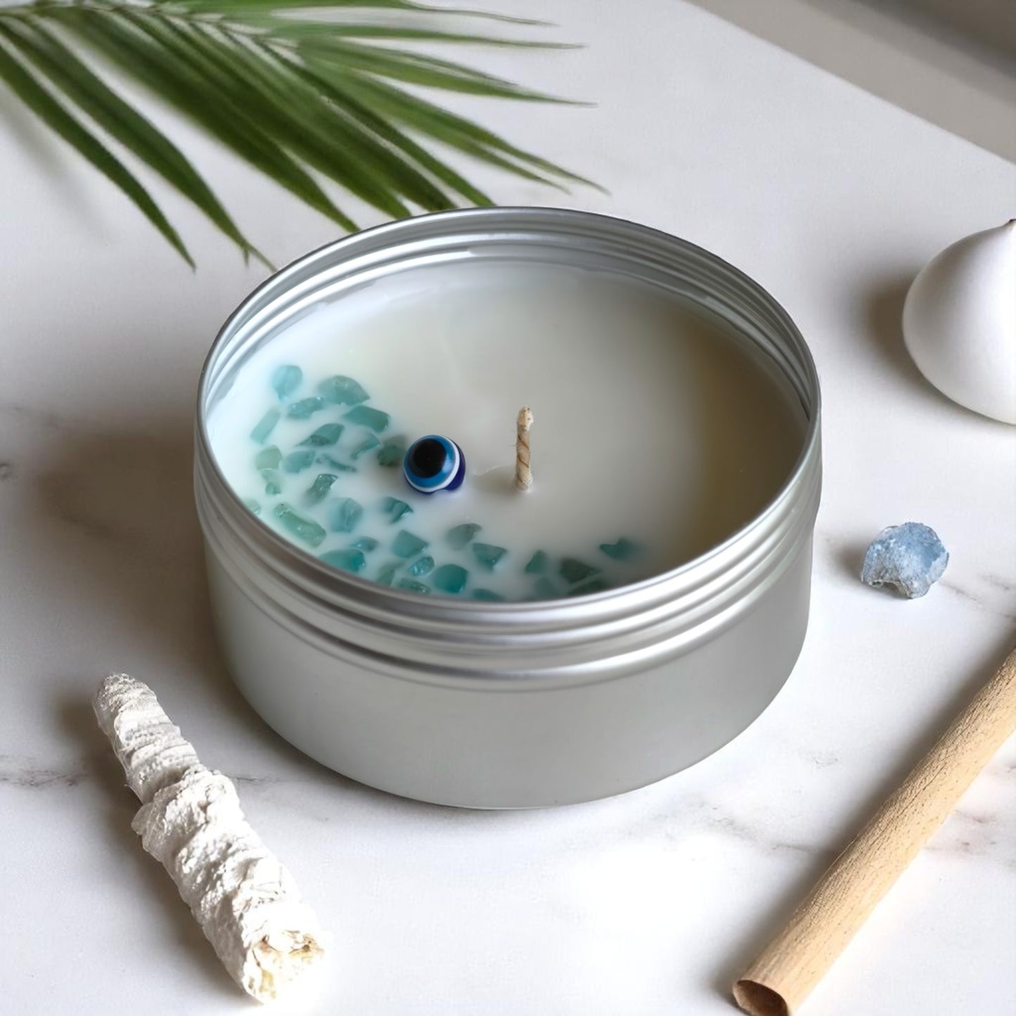 Hello Handmade Evil Eye Protection Candle – Scented Soy Wax Tin with Crystals (Scent Egyptian Musk)