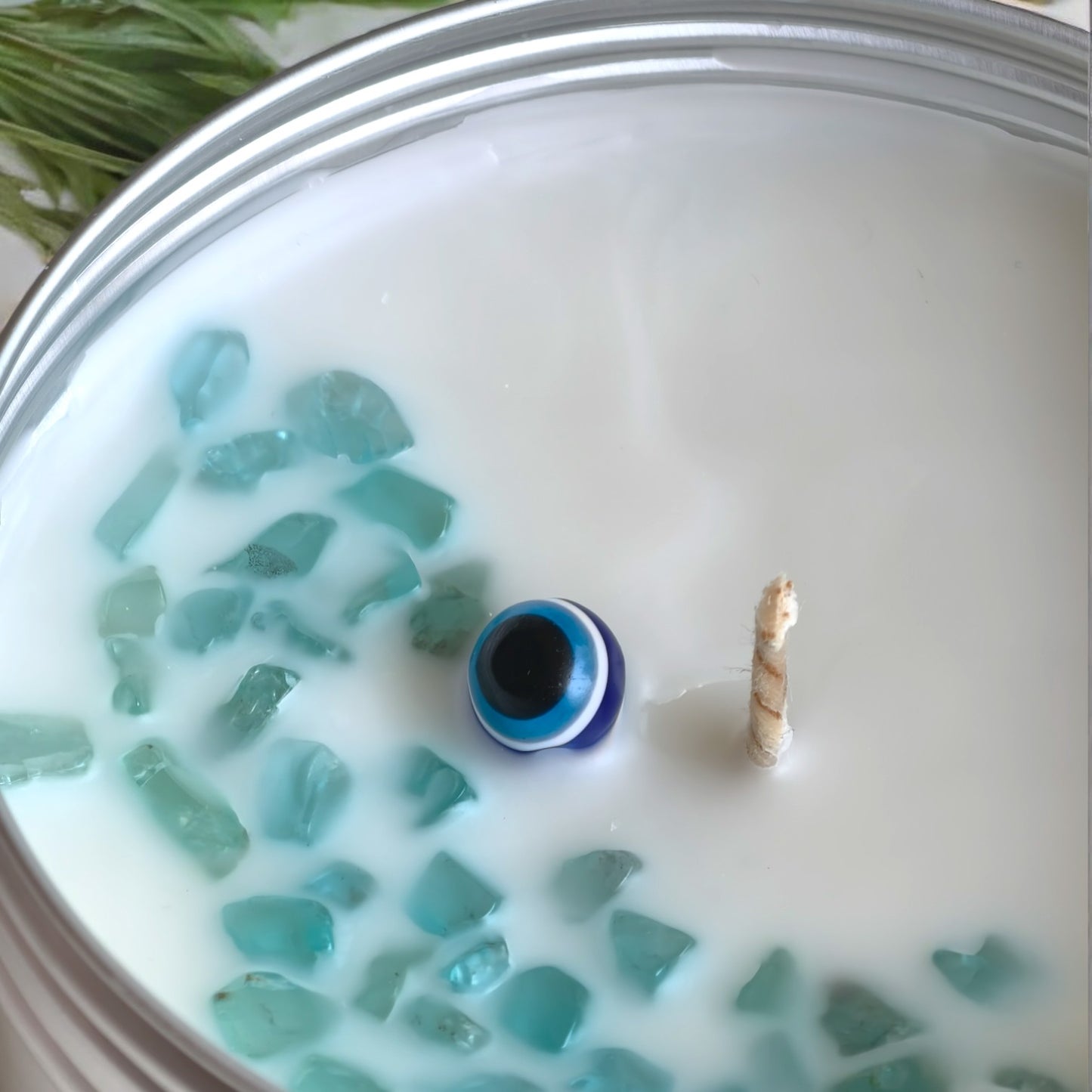 Hello Handmade Evil Eye Protection Candle – Scented Soy Wax Tin with Crystals (Scent Egyptian Musk)