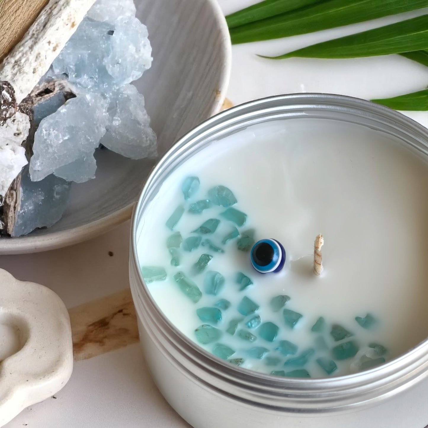 Hello Handmade Evil Eye Protection Candle – Scented Soy Wax Tin with Crystals (Scent Egyptian Musk)