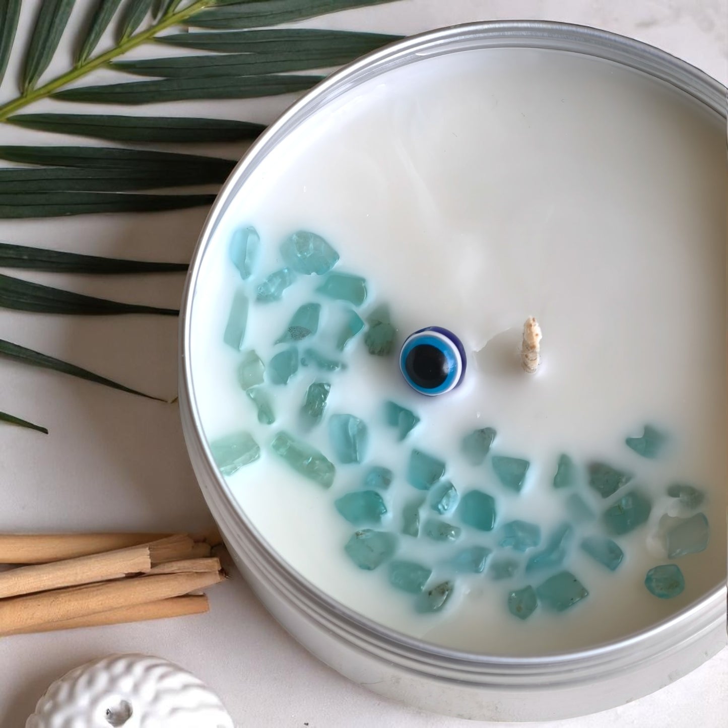 Hello Handmade Evil Eye Protection Candle – Scented Soy Wax Tin with Crystals (Scent Egyptian Musk)