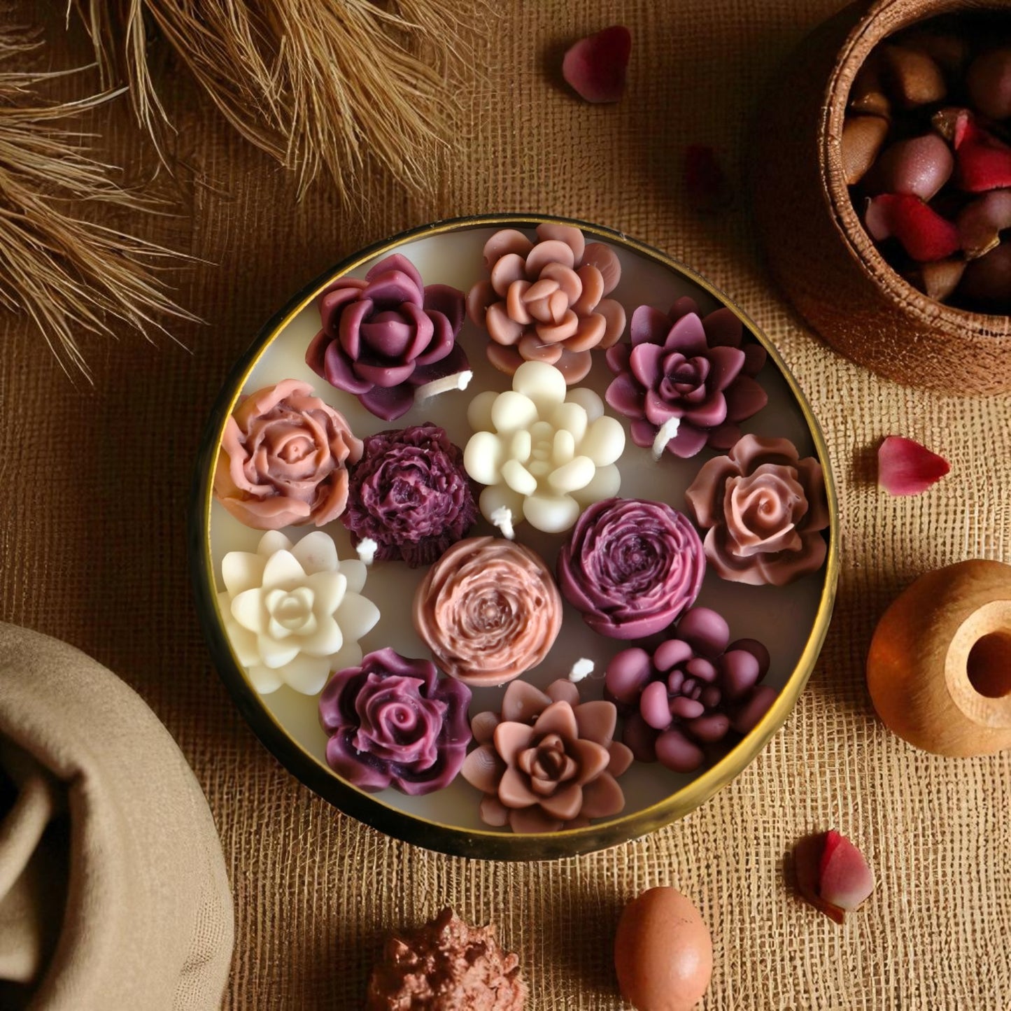 Rosette Radiance Metal Urli Candle (Rose Mosaic Scent)