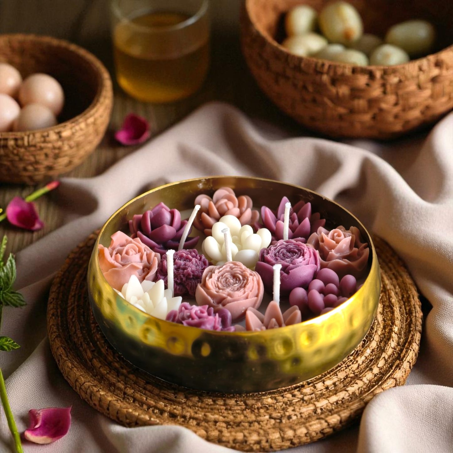 Rosette Radiance Metal Urli Candle (Rose Mosaic Scent)