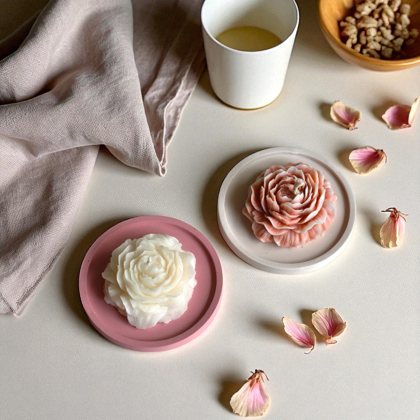 Peony Candle Set – Vanilla & Jasmine with Jesmonite Tray