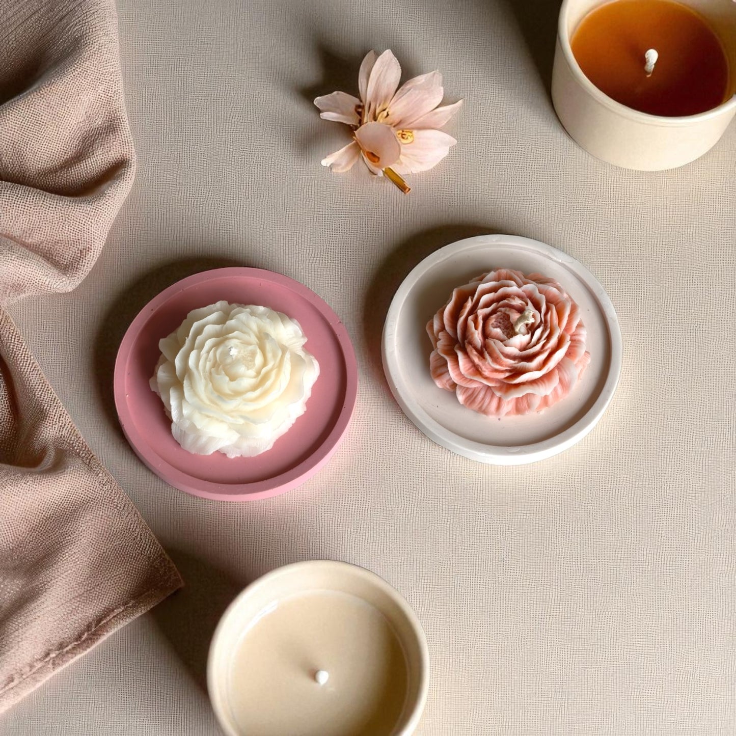 Peony Candle Set – Vanilla & Jasmine with Jesmonite Tray