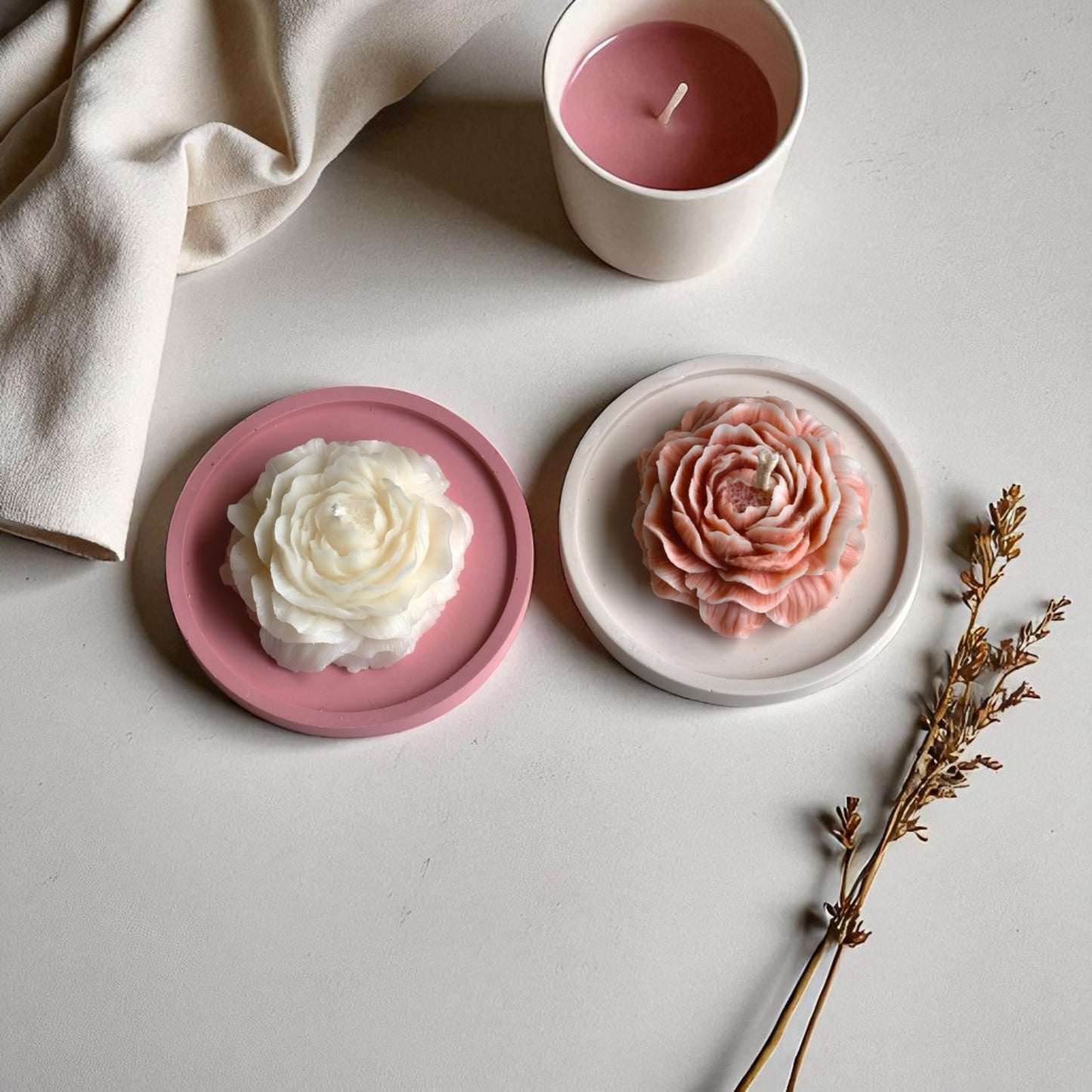 Peony Candle Set – Vanilla & Jasmine with Jesmonite Tray
