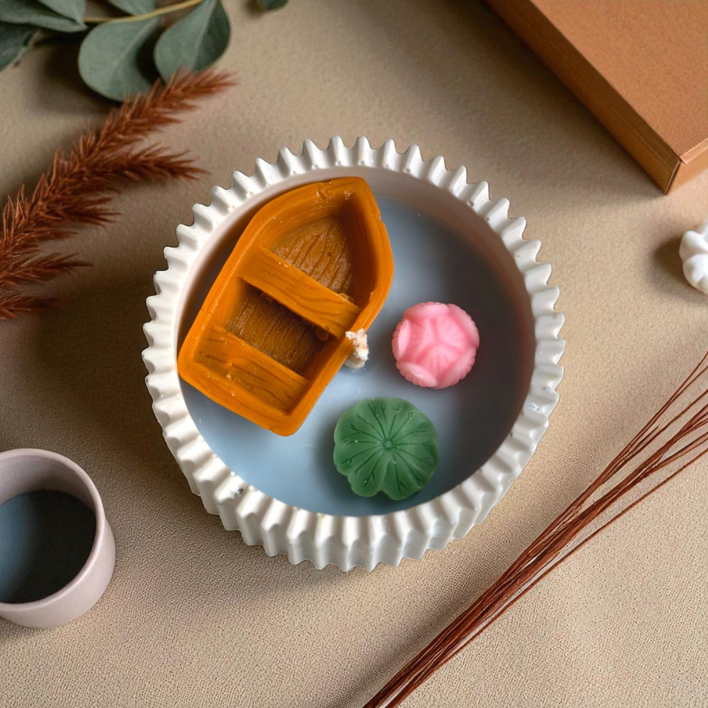 Boat in a Jar – Jesmonite Container Candle | Handmade Soy Wax Candle with Floral & Nautical Elements