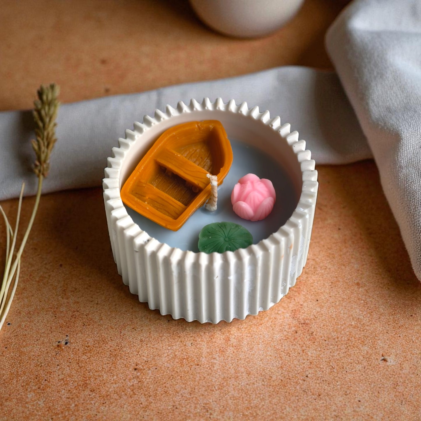 Boat in a Jar – Jesmonite Container Candle | Handmade Soy Wax Candle with Floral & Nautical Elements