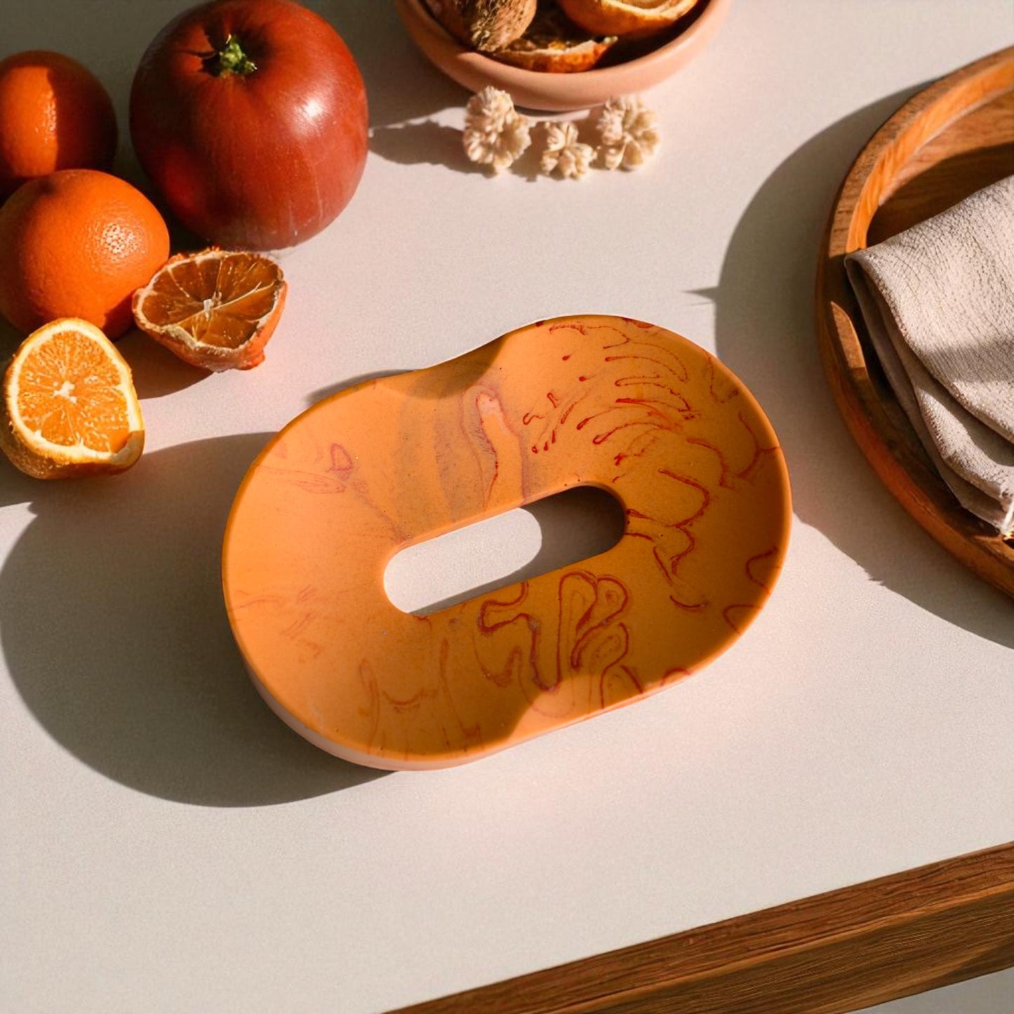 Handcrafted Jesmonite Soap Dish – Marbled Orange | Durable, Minimal & Stylish