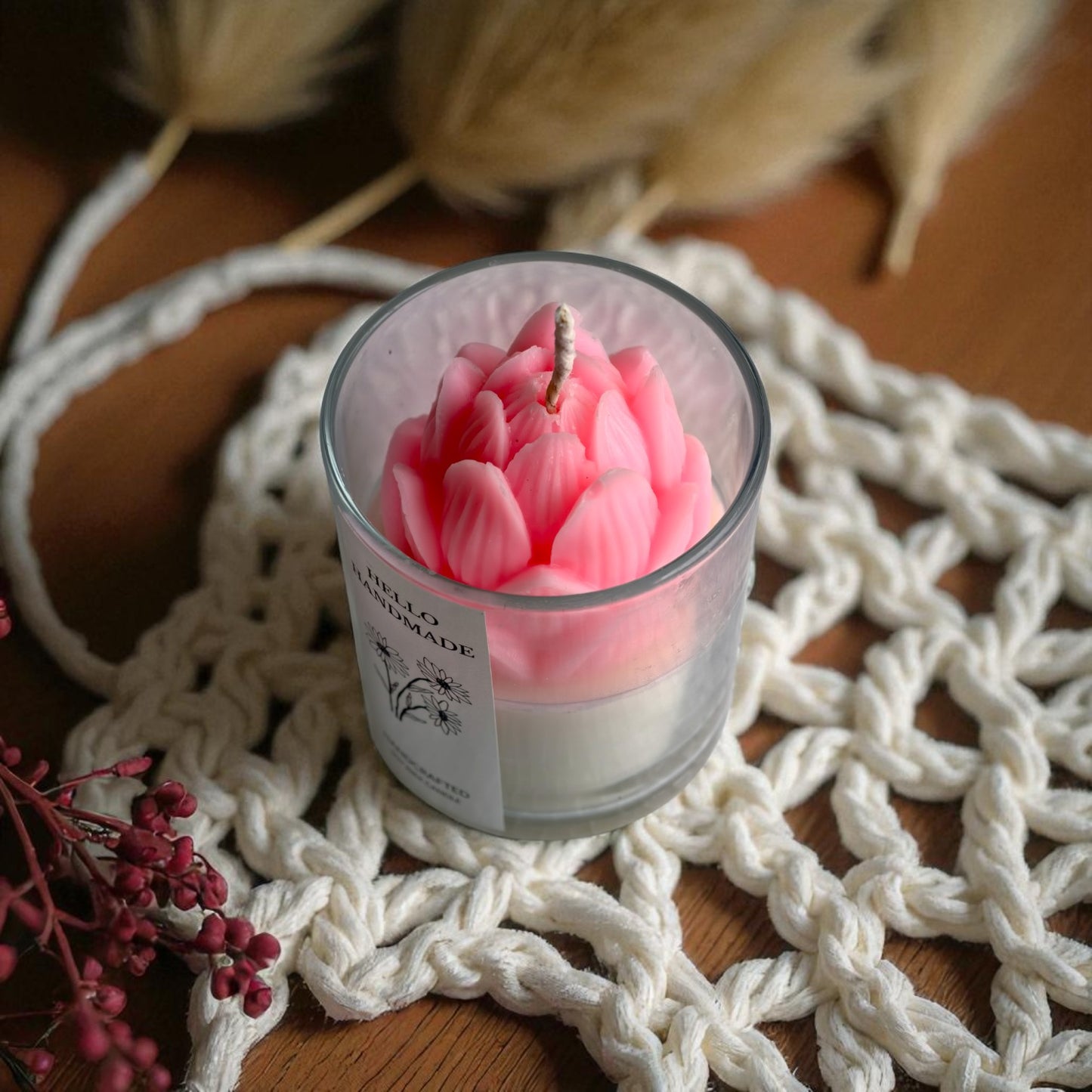 Blush Bloom – Pink Flower Scented Jar Candle | Handmade Soy Wax Candle (Lavender)