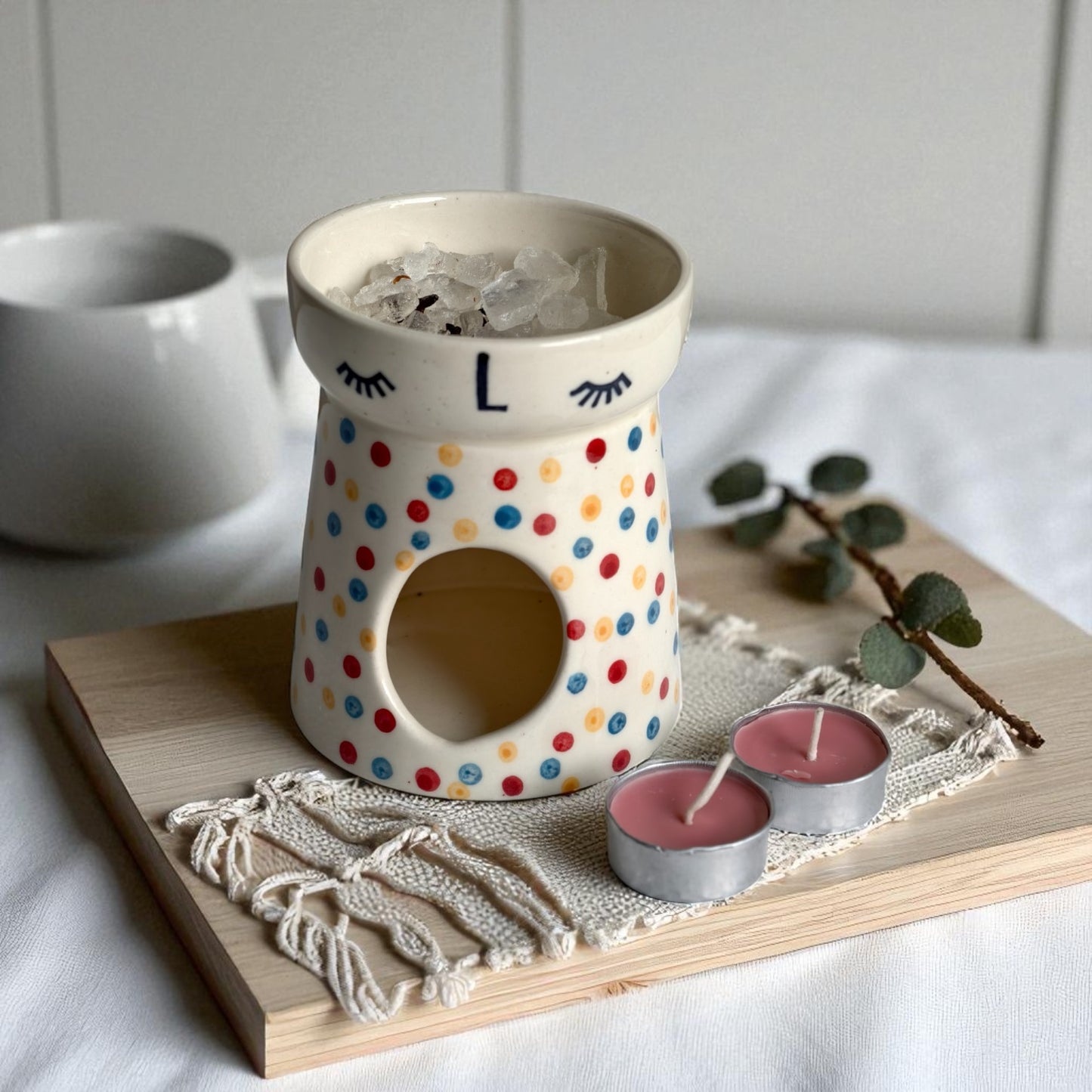 Polka Dot Ceramic Wax Melt / Camphor Burner (2 Tealight Candles Included)