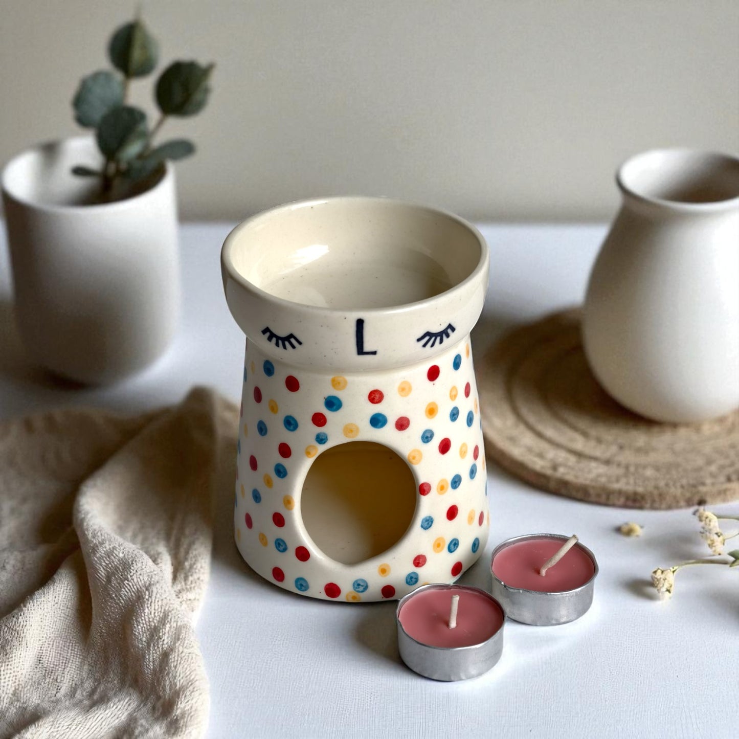 Polka Dot Ceramic Wax Melt / Camphor Burner (2 Tealight Candles Included)