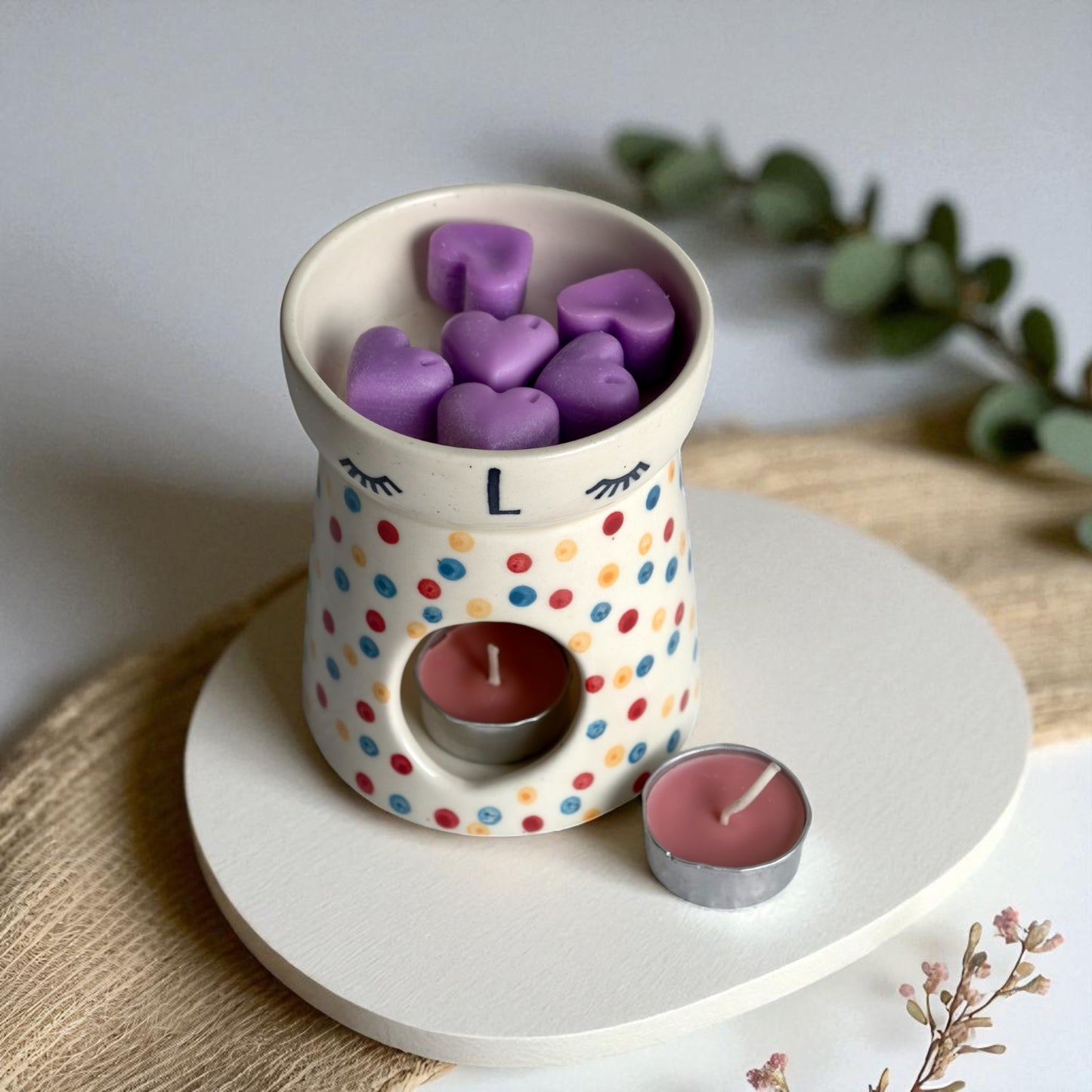Polka Dot Ceramic Wax Melt / Camphor Burner (2 Tealight Candles Included)