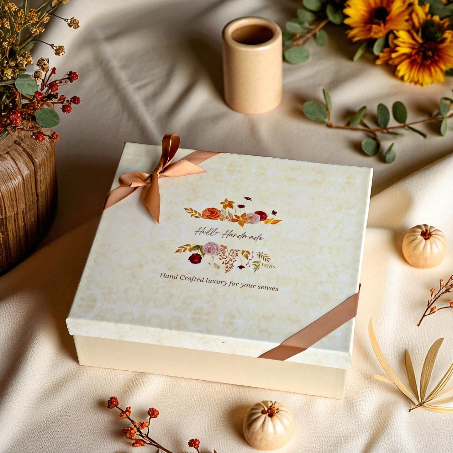 Luxury Handmade Bathing Essentials Gift Box – Candle,Wax Tablet, Whipped Soap, Loofah & Bar Soaps