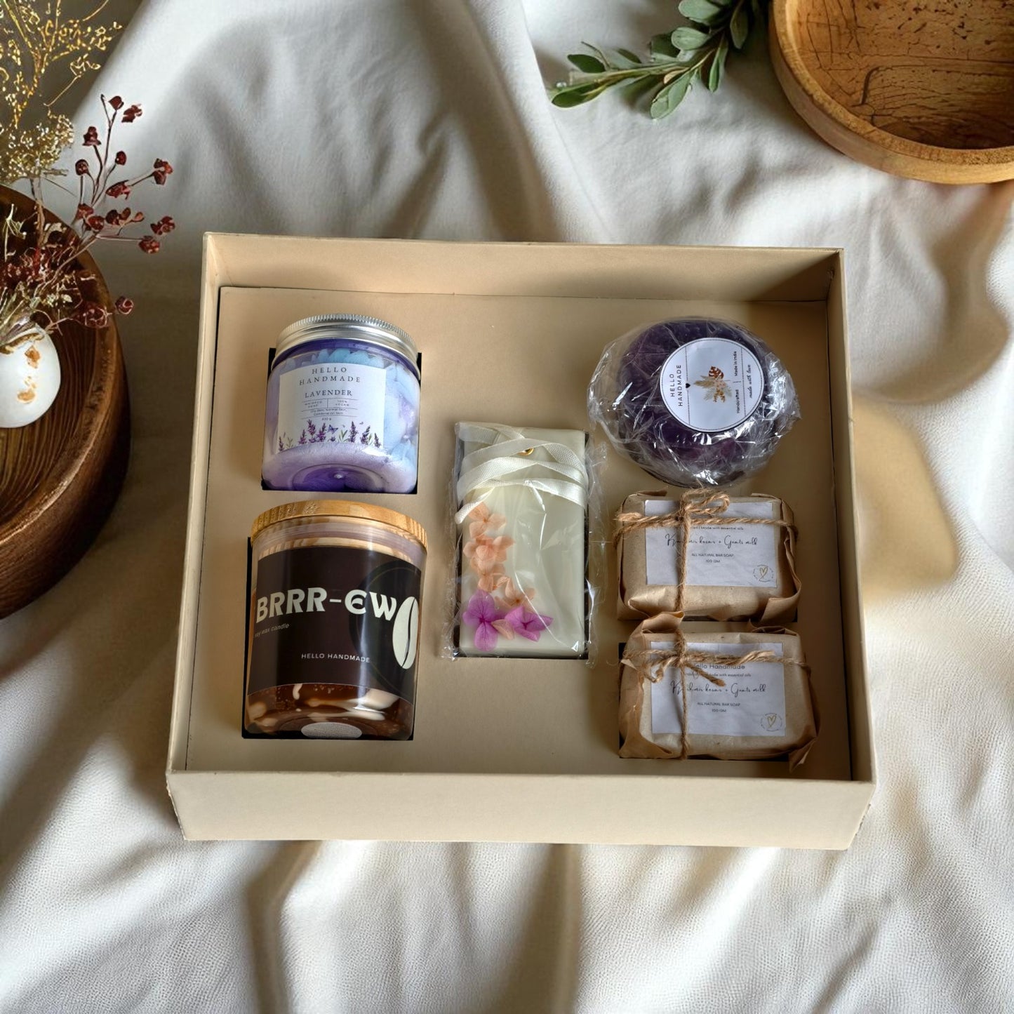 Luxury Handmade Bathing Essentials Gift Box – Candle,Wax Tablet, Whipped Soap, Loofah & Bar Soaps