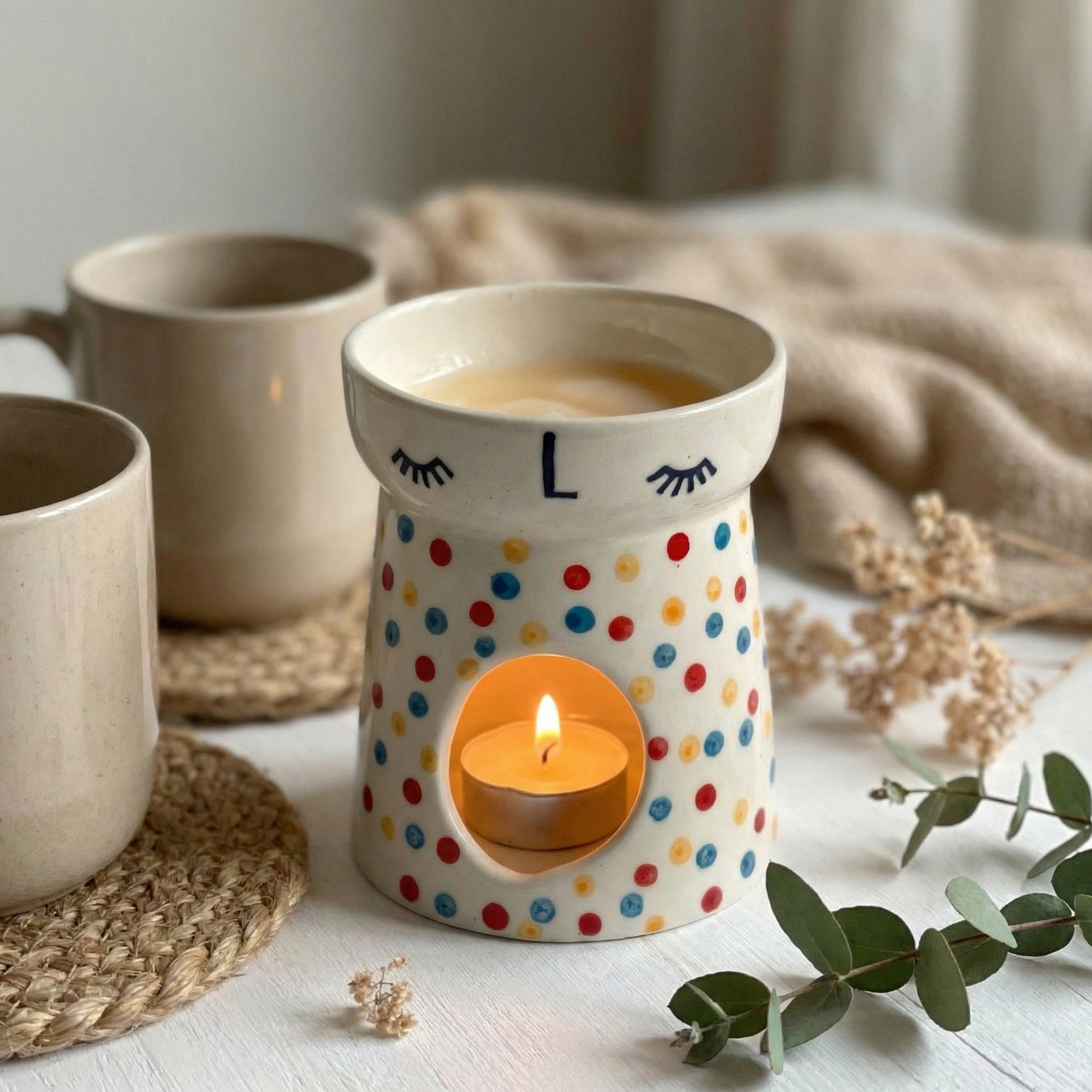 Polka Dot Ceramic Wax Melt / Camphor Burner (2 Tealight Candles Included)