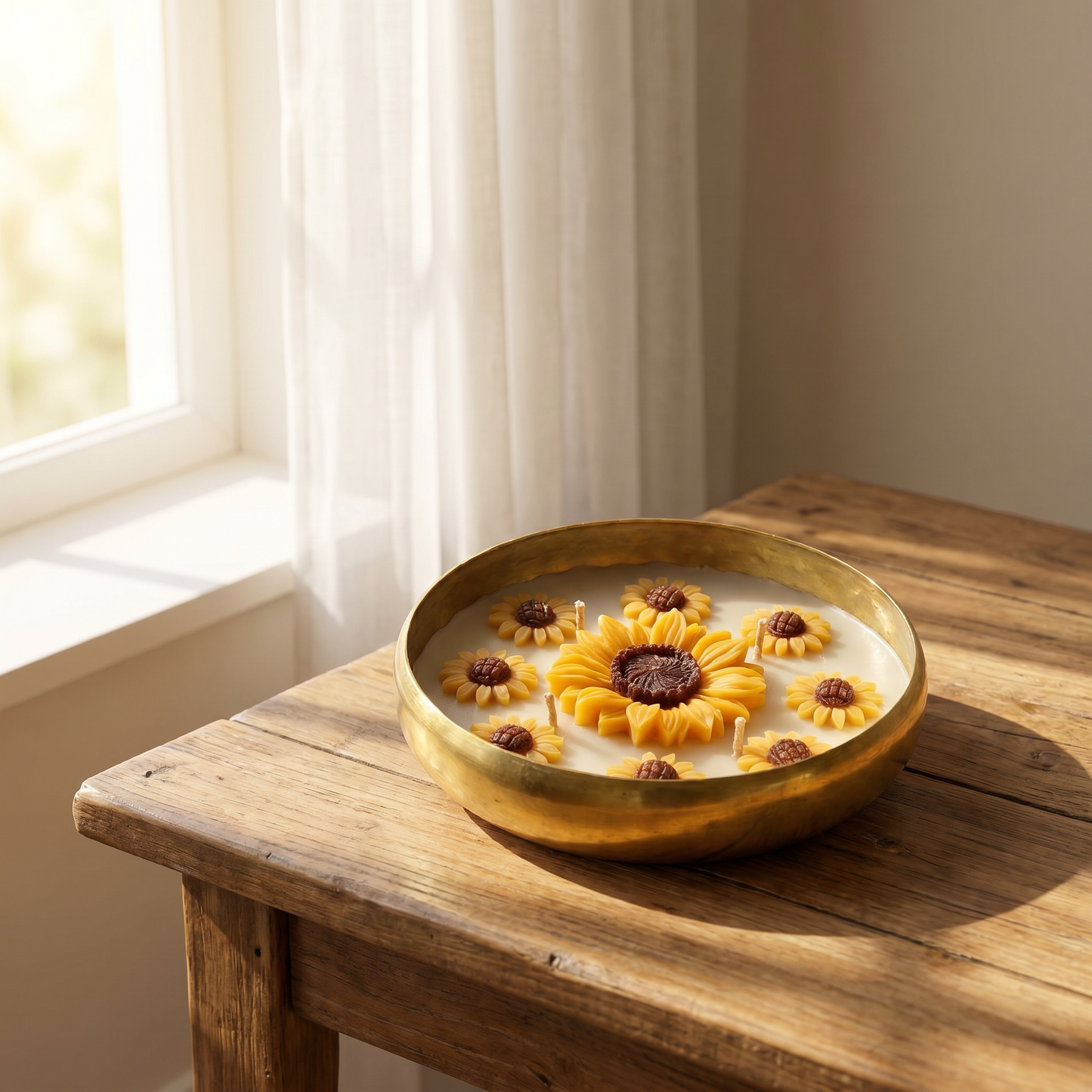Sunflower Urli Candle in Brass Bowl | Handmade Floral Candle Gift & Home Decor