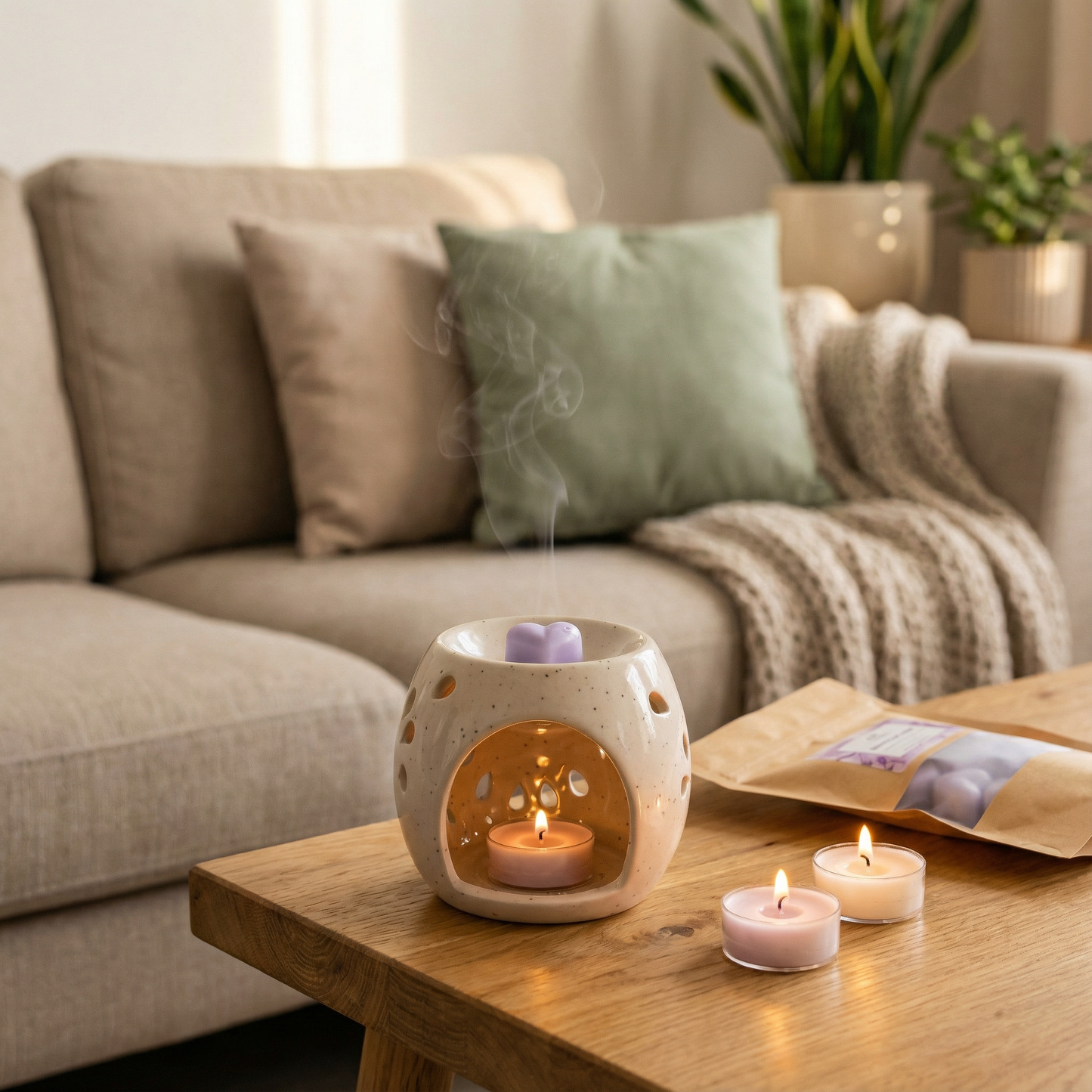 Hello Handmade Handcrafted Ceramic Round Shaped Aroma Diffuser with Wax Melts and 2 Tea Light Candles