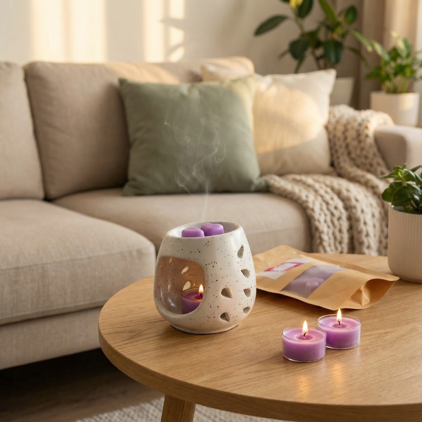 Hello Handmade Handcrafted Ceramic Round Shaped Aroma Diffuser with Wax Melts and 2 Tea Light Candles