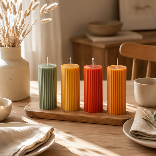 Ribbed Pillar Candle Set of 4 | Colourful Decorative Candles