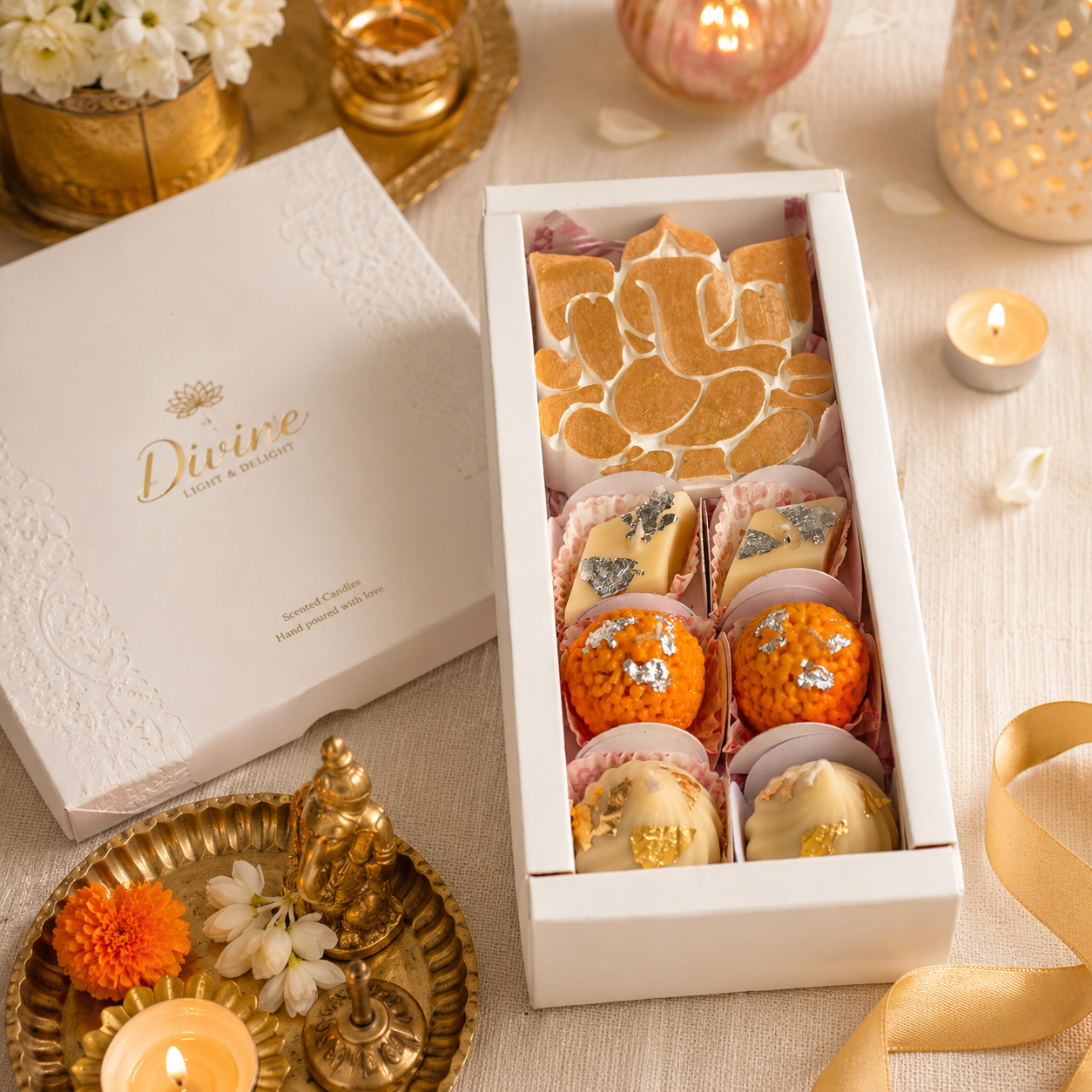 Ganesh & Scented Sweet Candle Hamper | Festive Gift Box with Modak & Laddoo Candles