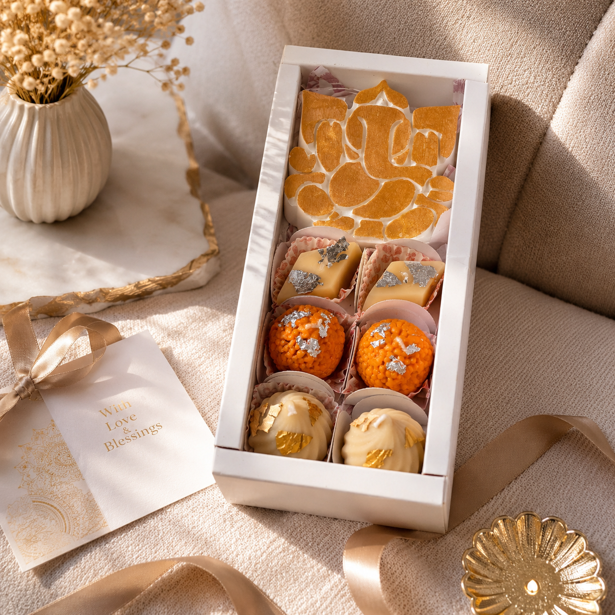 Ganesh & Scented Sweet Candle Hamper | Festive Gift Box with Modak & Laddoo Candles
