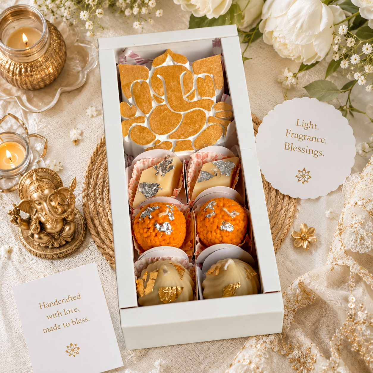Ganesh & Scented Sweet Candle Hamper | Festive Gift Box with Modak & Laddoo Candles