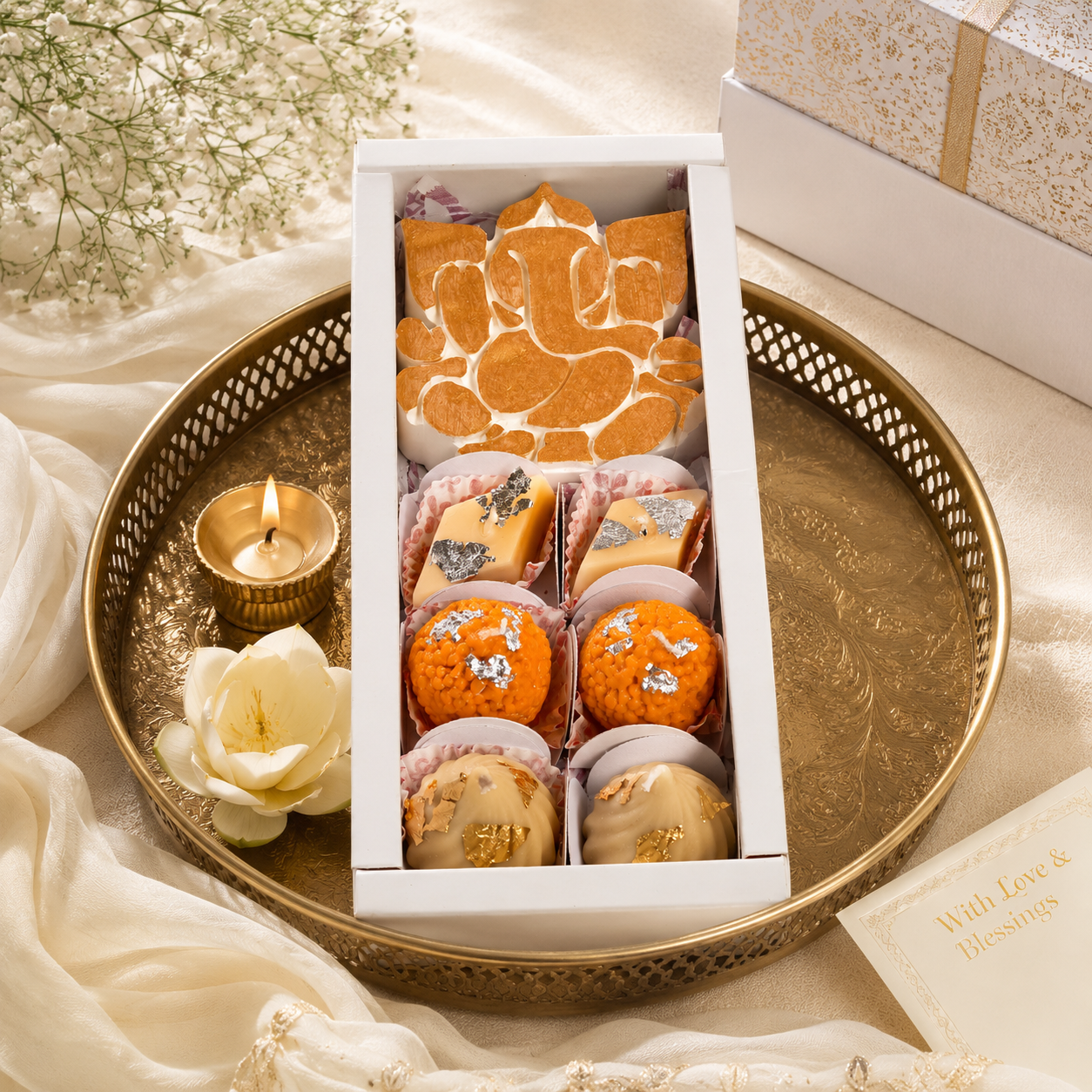 Ganesh & Scented Sweet Candle Hamper | Festive Gift Box with Modak & Laddoo Candles