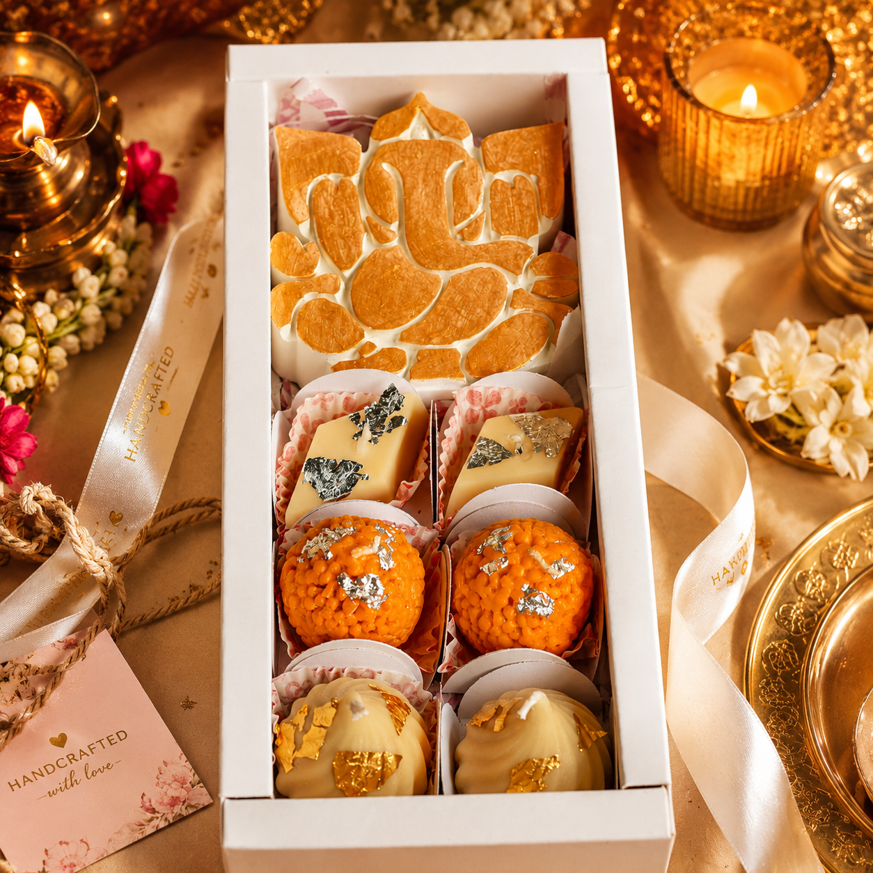 Ganesh & Scented Sweet Candle Hamper | Festive Gift Box with Modak & Laddoo Candles