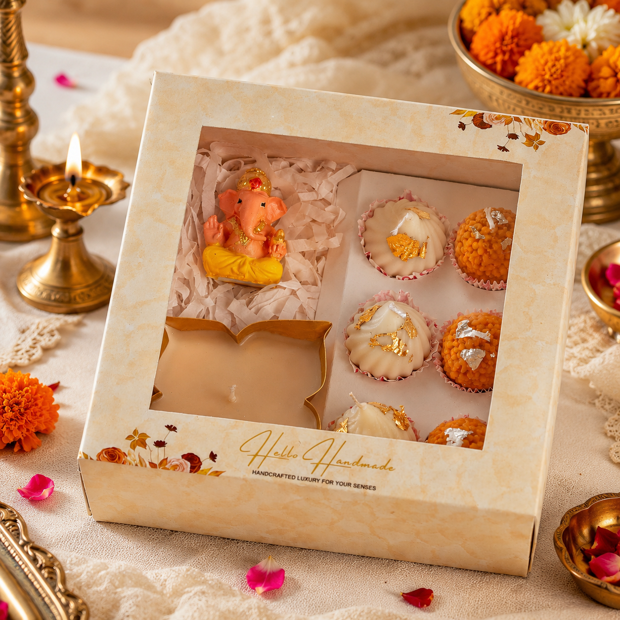Hand Painted Ganesh & Scented Sweet Candle Hamper | Festive Gift Box with Modak & Laddoo Candles