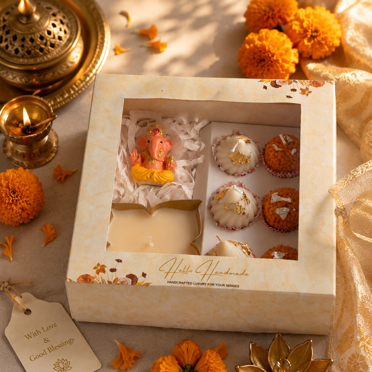 Hand Painted Ganesh & Scented Sweet Candle Hamper | Festive Gift Box with Modak & Laddoo Candles