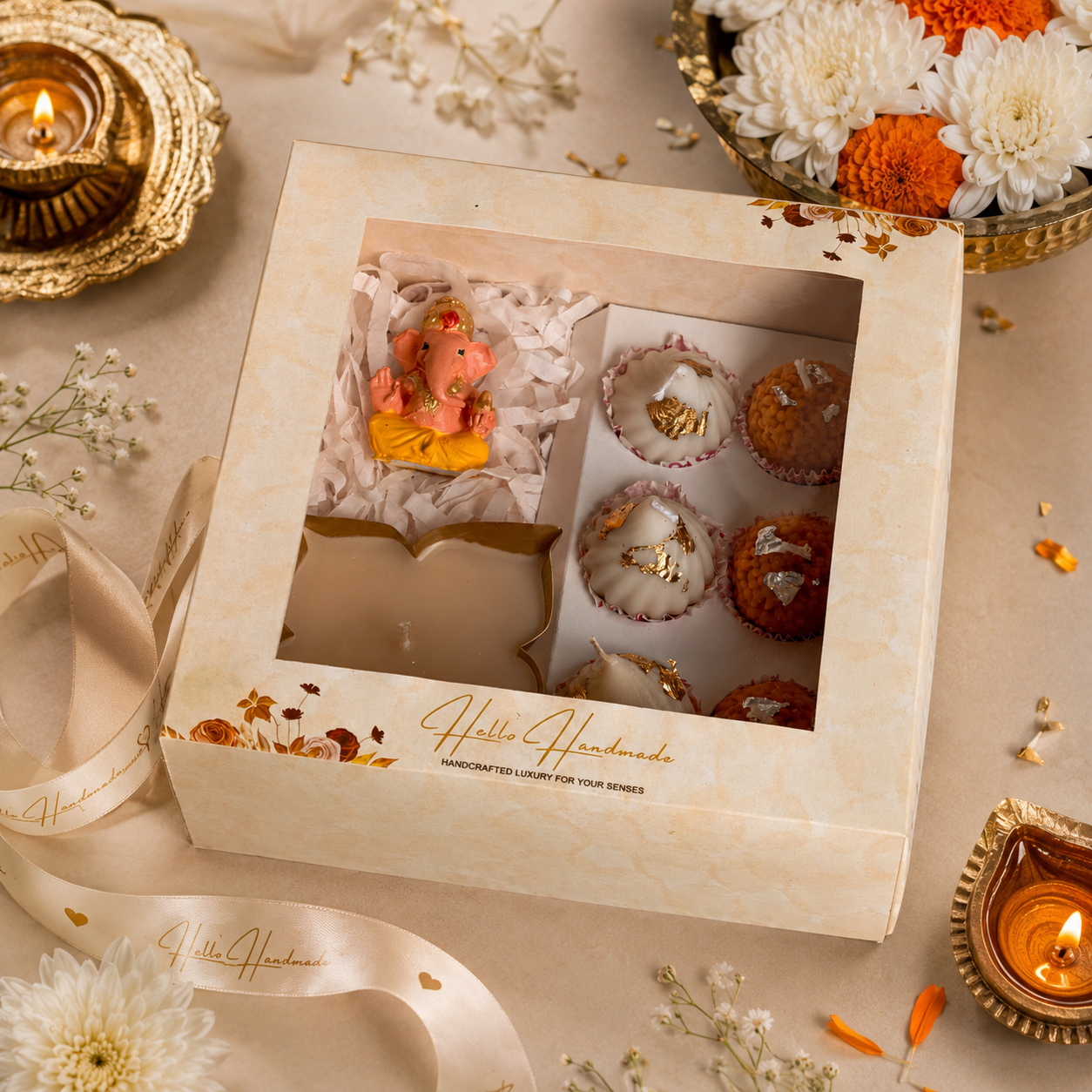 Hand Painted Ganesh & Scented Sweet Candle Hamper | Festive Gift Box with Modak & Laddoo Candles