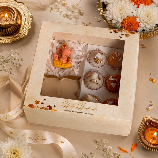 Hand Painted Ganesh & Scented Sweet Candle Hamper | Festive Gift Box with Modak & Laddoo Candles