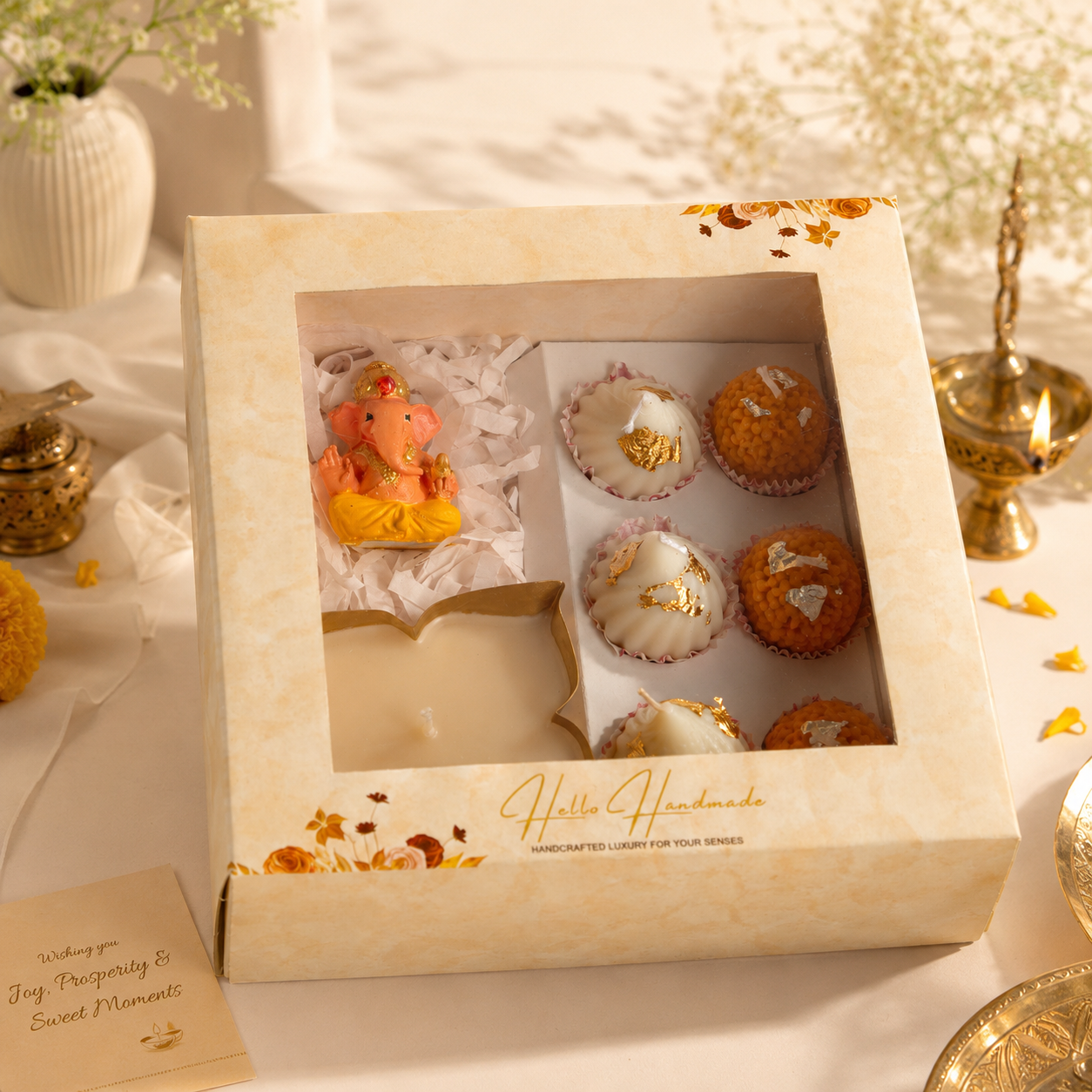Hand Painted Ganesh & Scented Sweet Candle Hamper | Festive Gift Box with Modak & Laddoo Candles